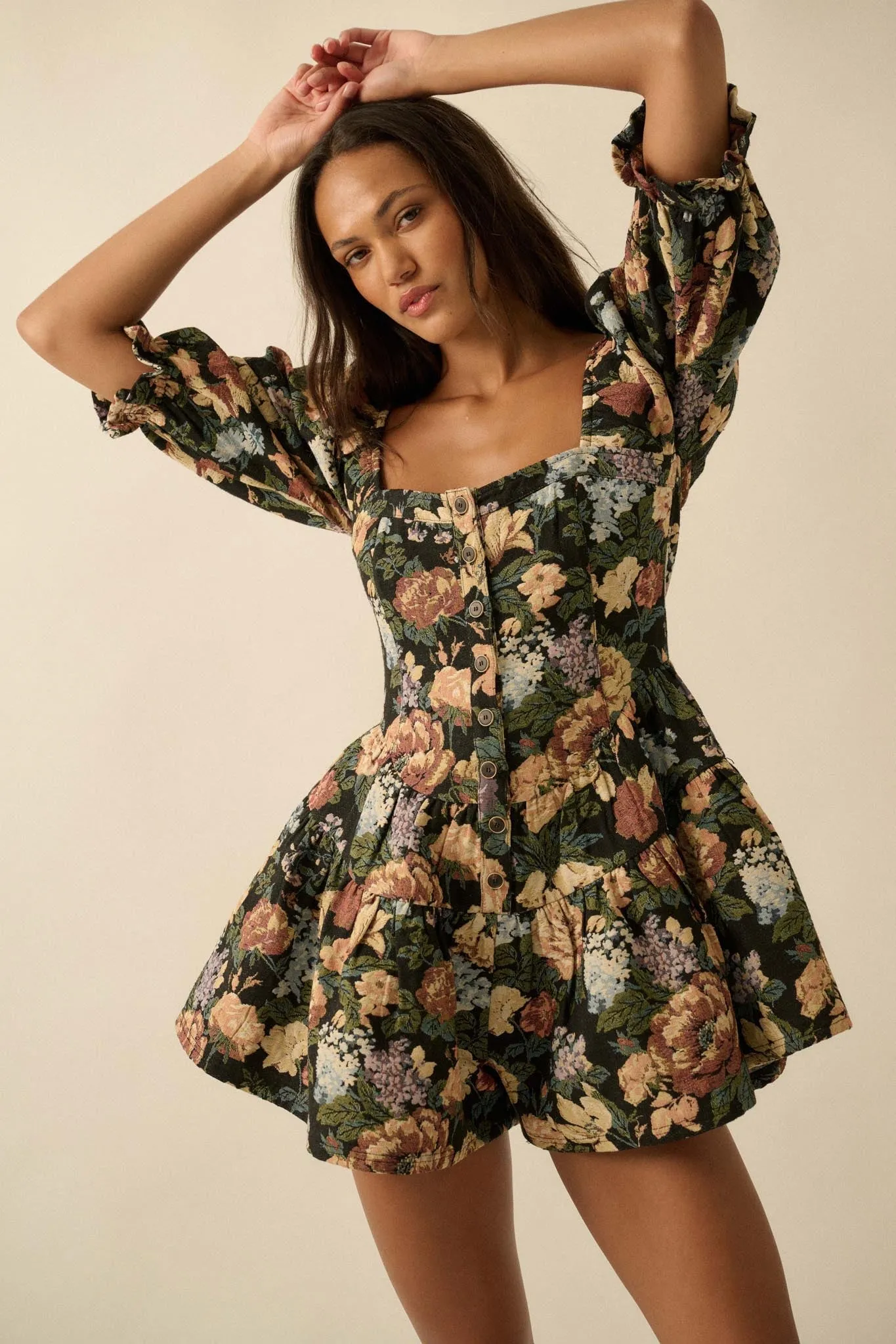 Woven Petals Floral Tapestry Puff-Sleeve Romper sold by Promesa