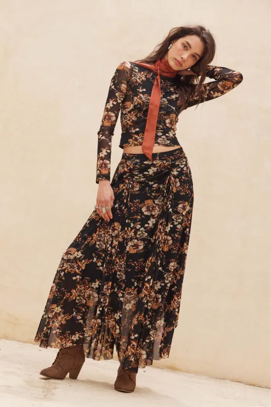 Forgotten Garden Floral Mesh Ruched Maxi Skirt sold by Promesa