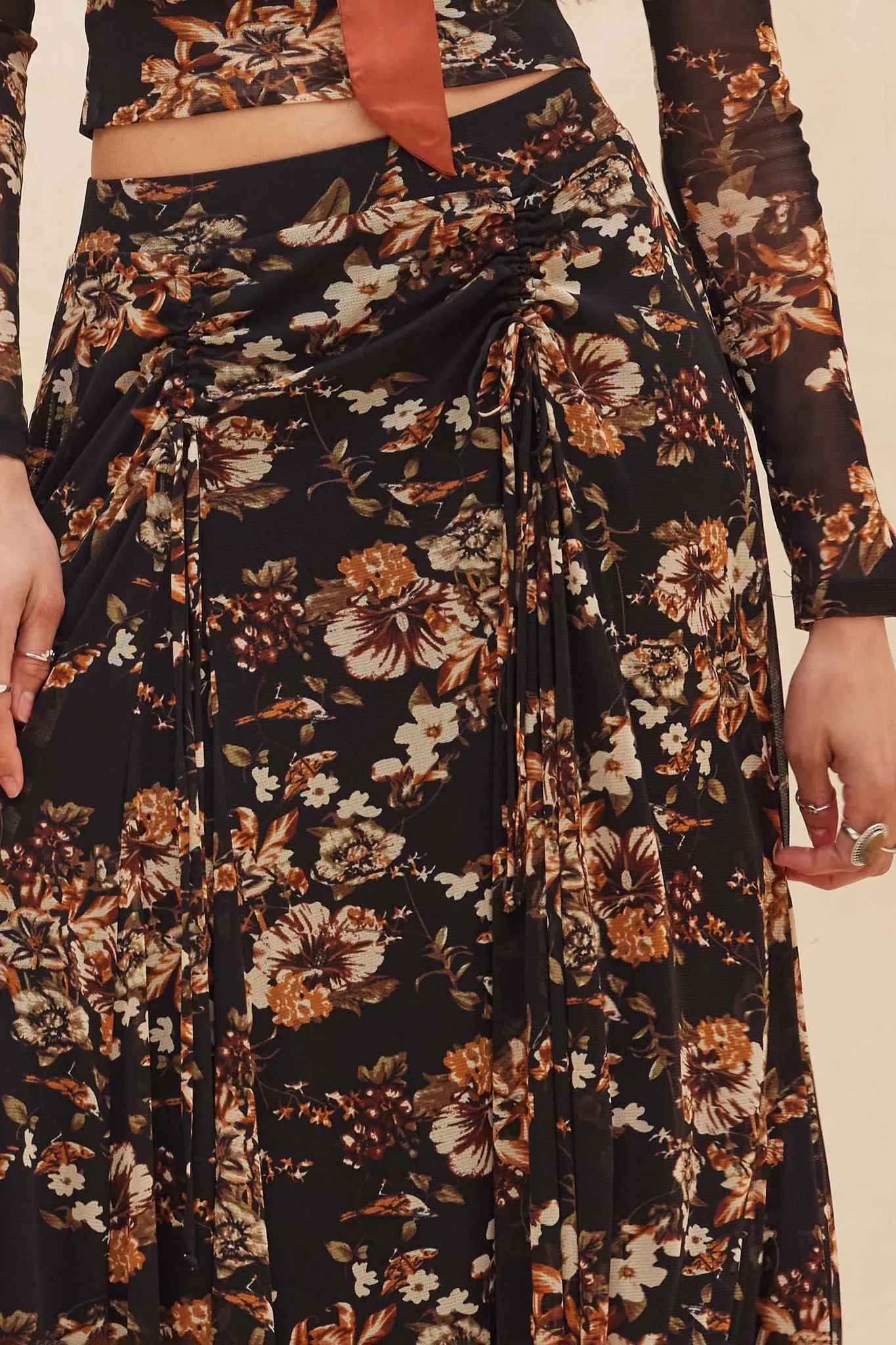 Forgotten Garden Floral Mesh Ruched Maxi Skirt sold by Promesa product image thumbnail 3