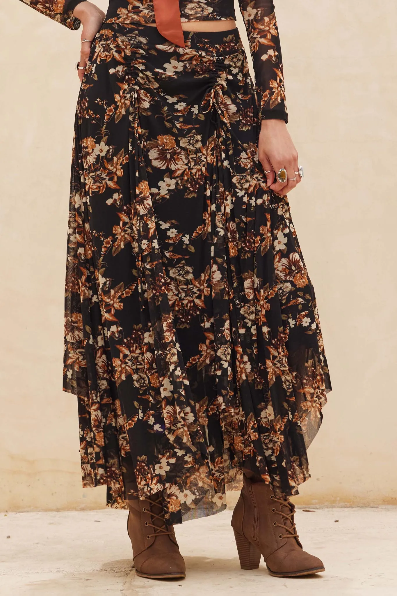 Forgotten Garden Floral Mesh Ruched Maxi Skirt sold by Promesa product image thumbnail 2