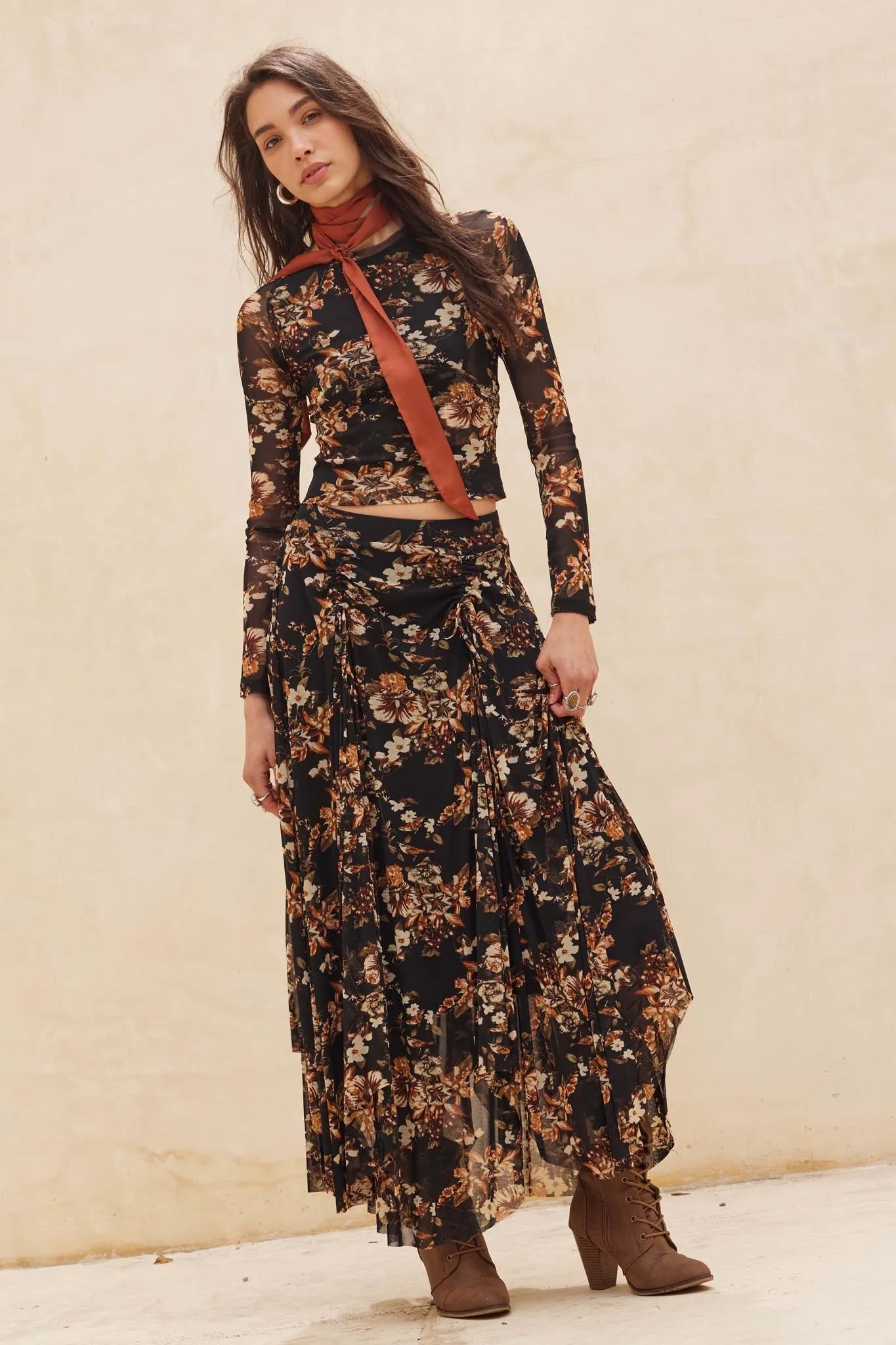 Forgotten Garden Floral Mesh Ruched Maxi Skirt sold by Promesa product image thumbnail 4