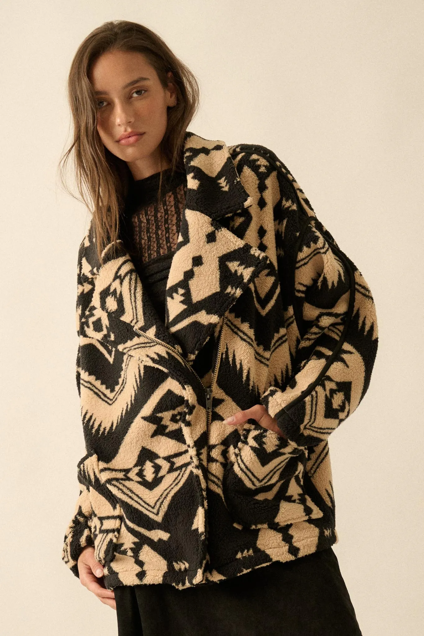 High Plains Geometric-Print Fleece Lapel Jacket sold by Promesa