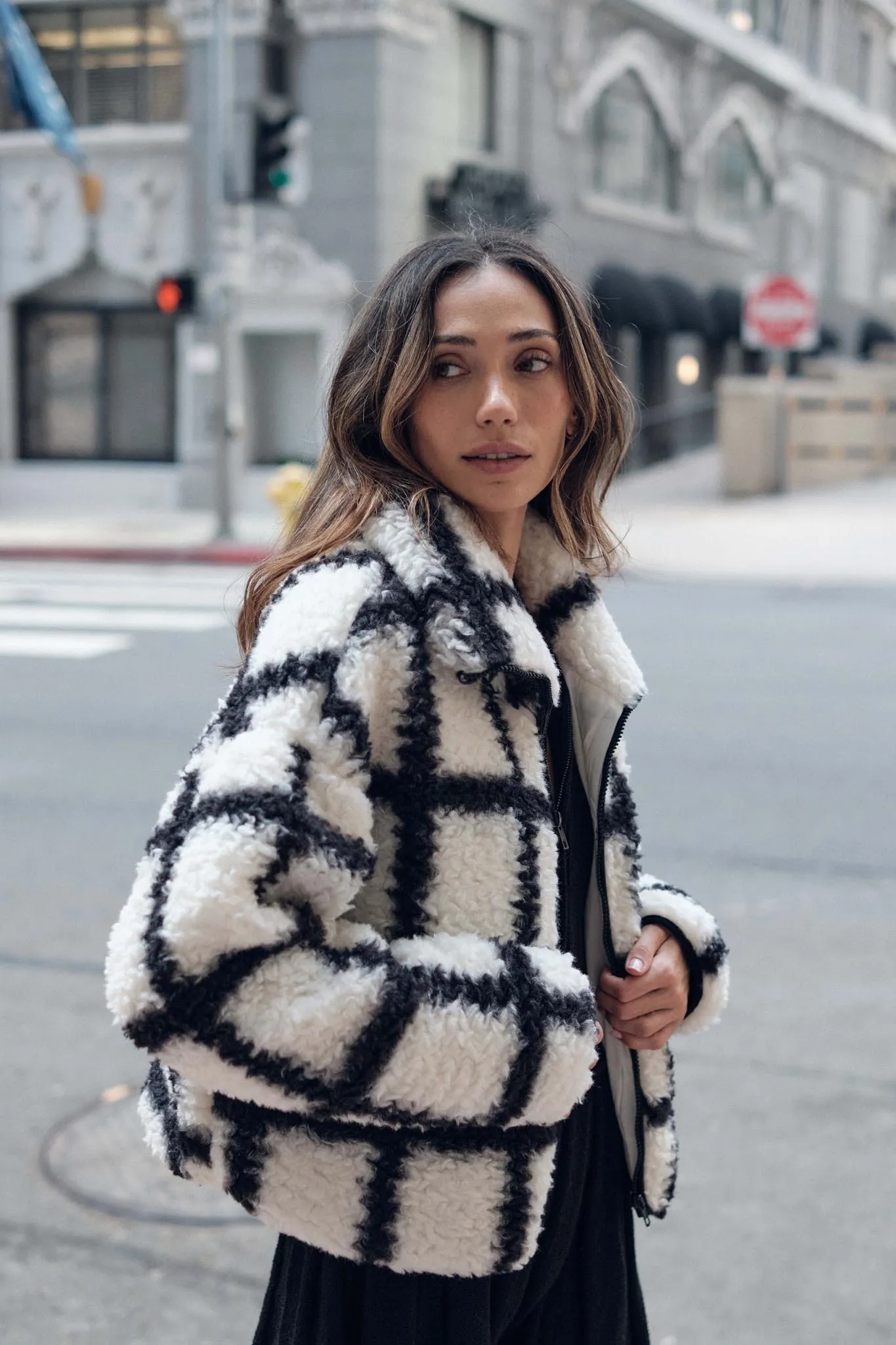 Outside the Box Check-Print Sherpa Fleece Jacket sold by Promesa