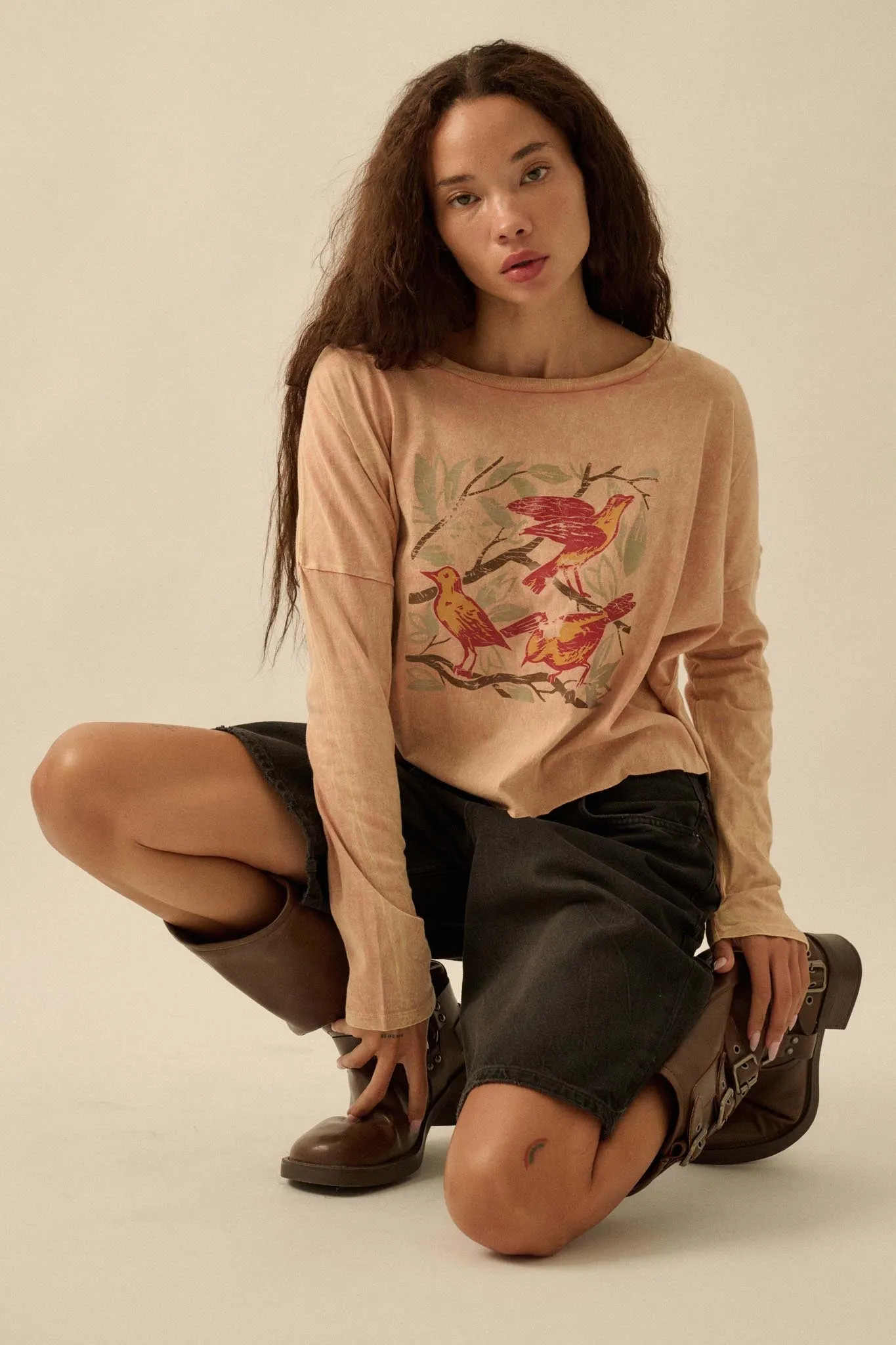 Bird Watching Vintage-Wash Long-Sleeve Graphic Tee sold by Promesa
