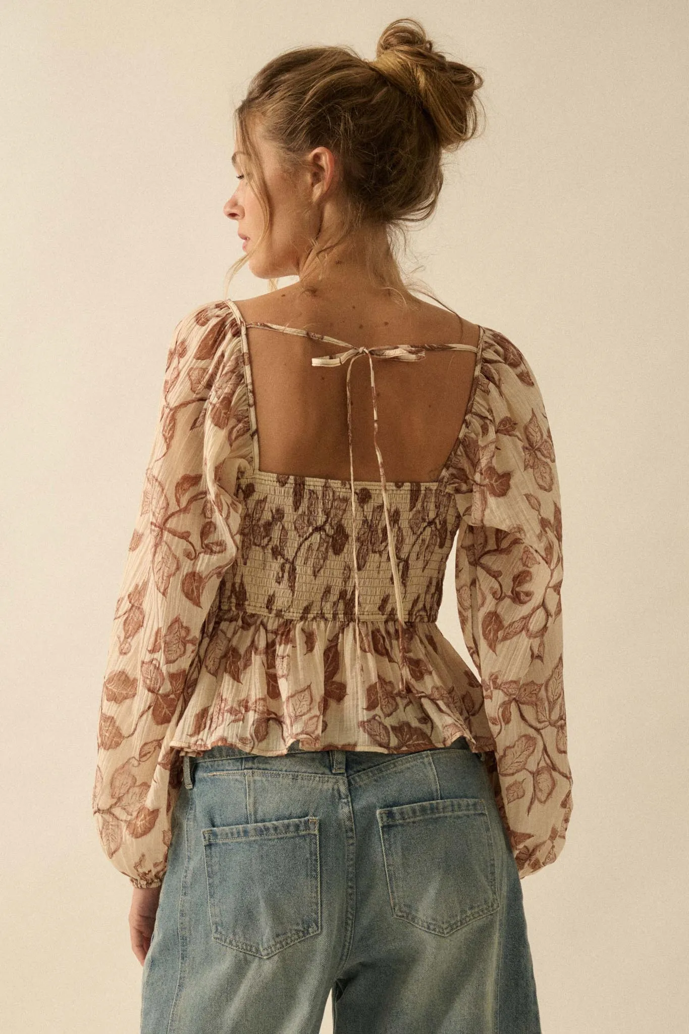 Strong Roots Floral Crepe Velvet-Trim Peasant Top sold by Promesa product image thumbnail 2