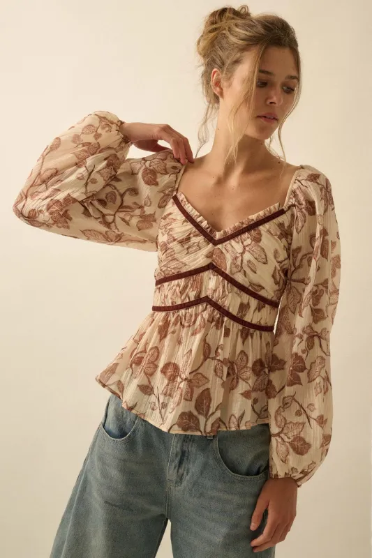Strong Roots Floral Crepe Velvet-Trim Peasant Top sold by Promesa