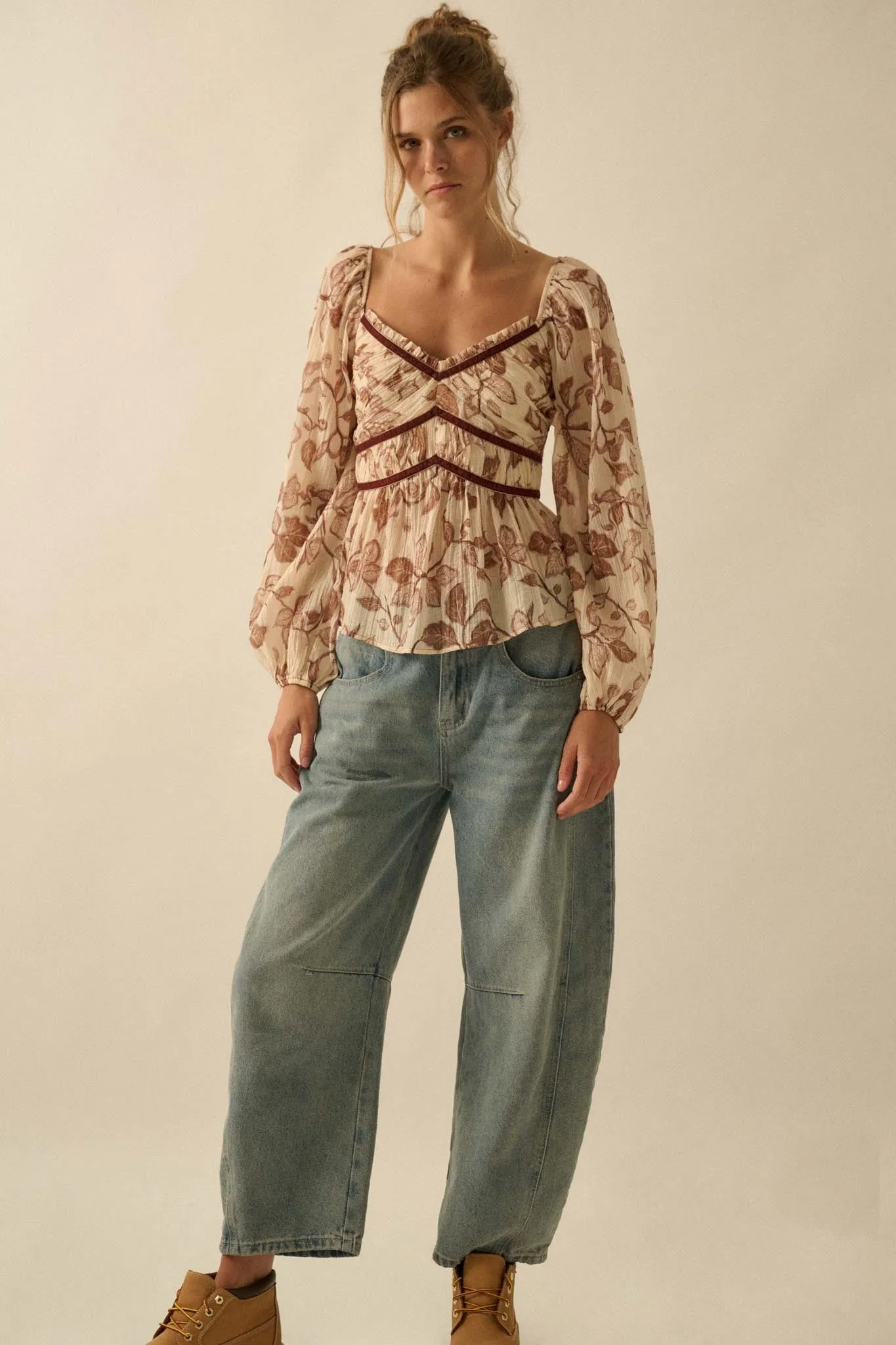 Strong Roots Floral Crepe Velvet-Trim Peasant Top sold by Promesa product image thumbnail 3