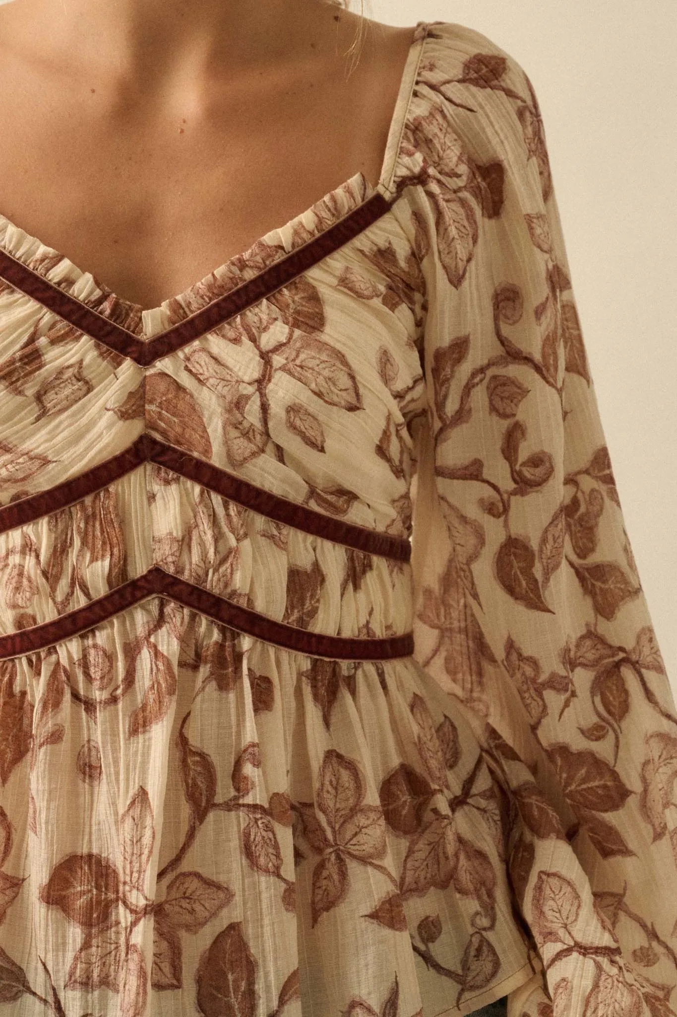 Strong Roots Floral Crepe Velvet-Trim Peasant Top sold by Promesa product image thumbnail 4