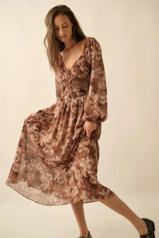 Chestnut Roses Smocked Floral Midi Peasant Dress sold by Promesa