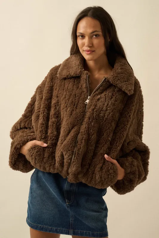 Fur Sure Faux Fur Collared Zip-Up Teddy Jacket sold by Promesa