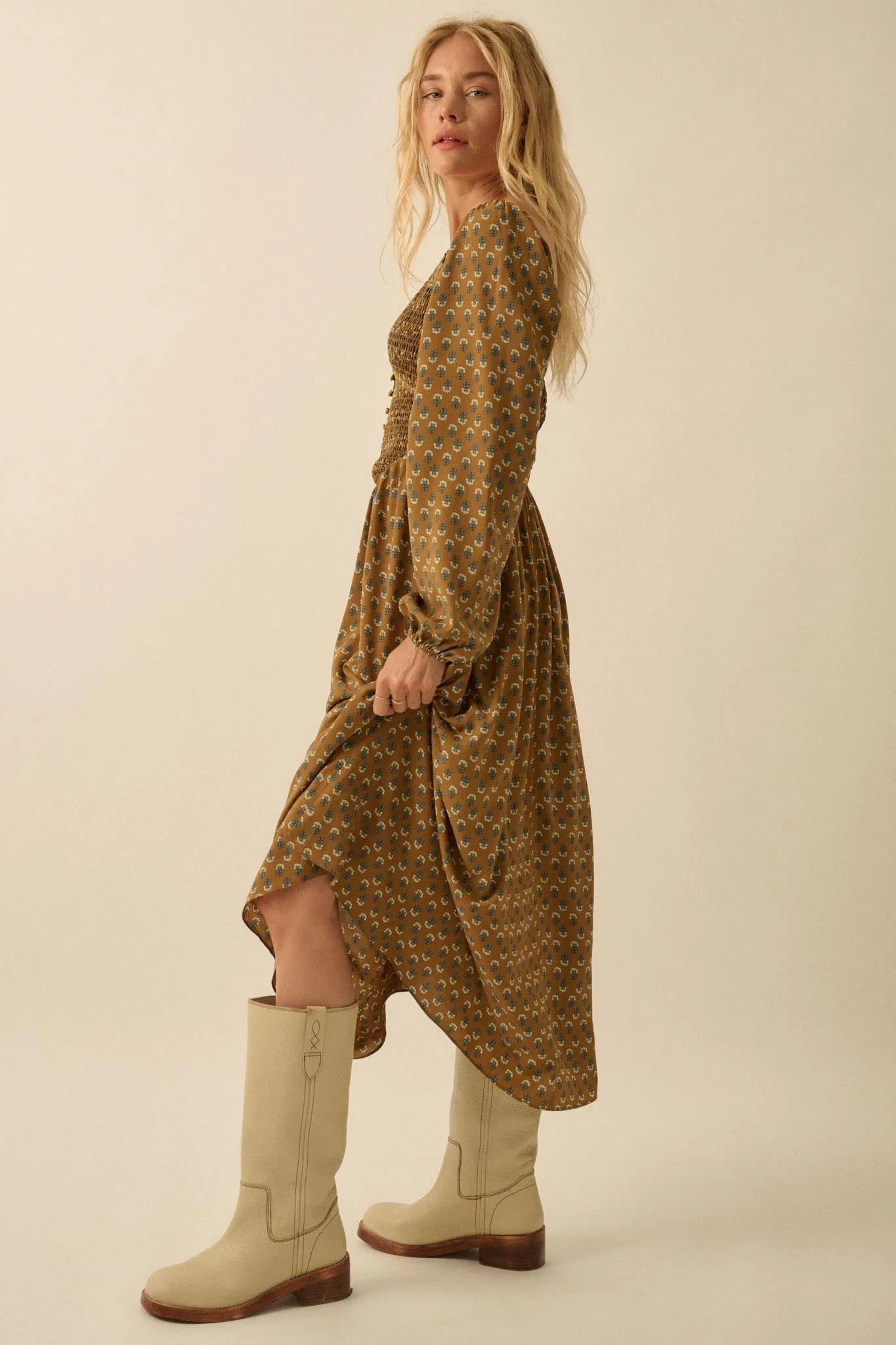 Tiny Petals Smocked Floral Midi Peasant Dress sold by Promesa product image thumbnail 5