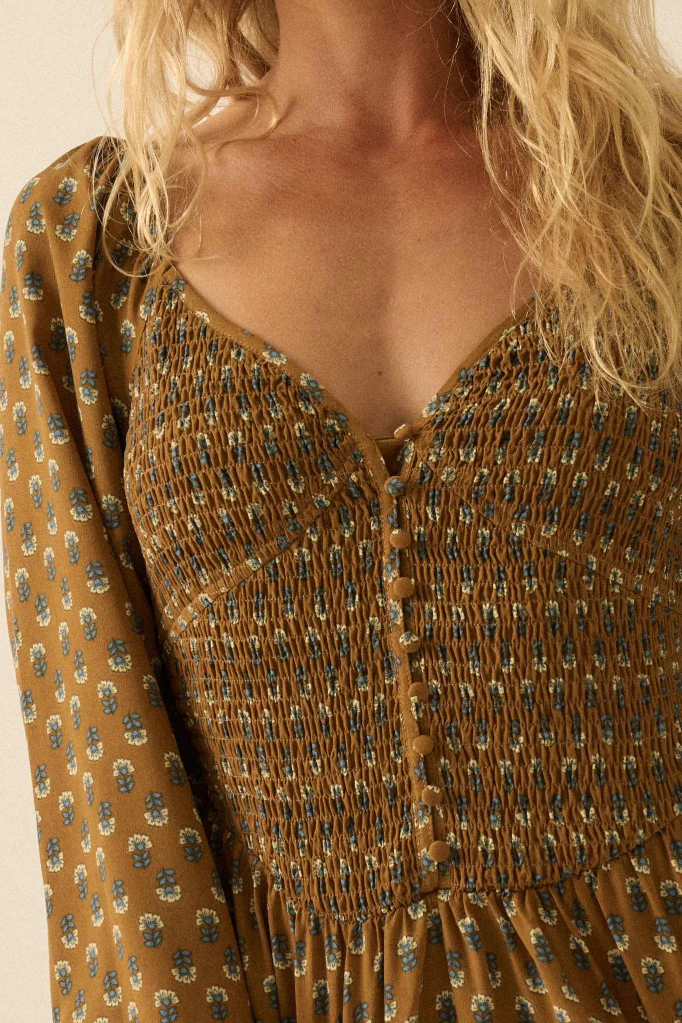 Tiny Petals Smocked Floral Midi Peasant Dress sold by Promesa product image thumbnail 4