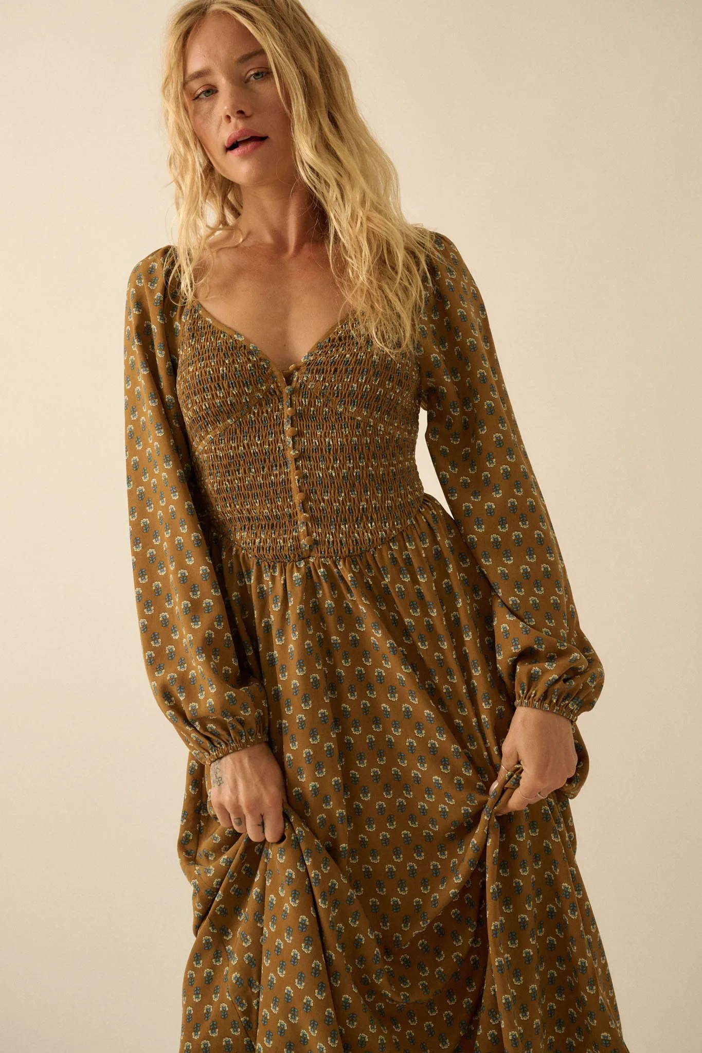 Tiny Petals Smocked Floral Midi Peasant Dress sold by Promesa product image thumbnail 2