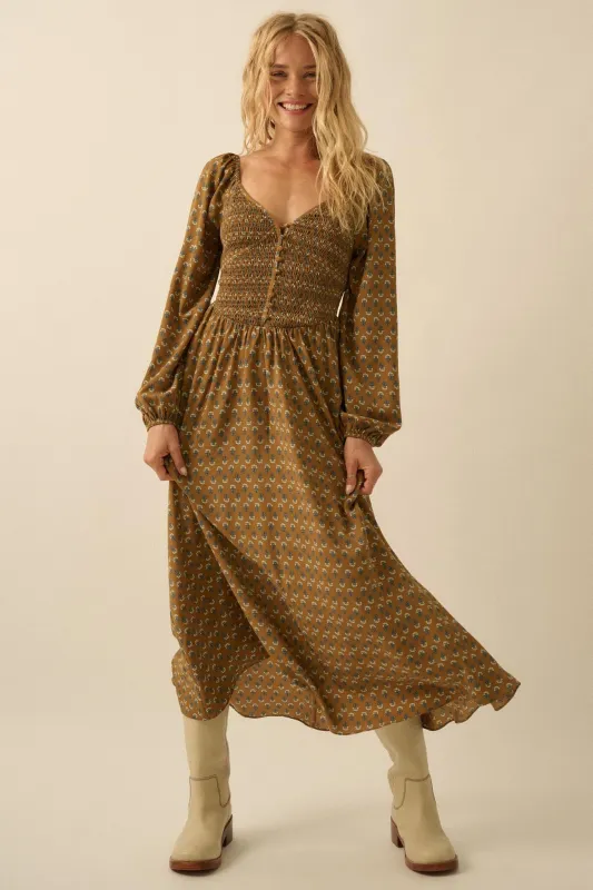 Tiny Petals Smocked Floral Midi Peasant Dress sold by Promesa