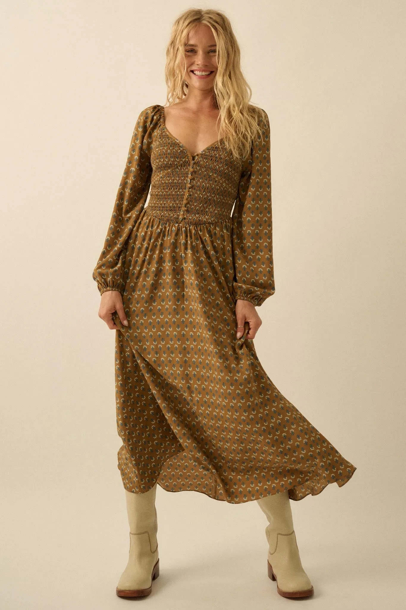 Tiny Petals Smocked Floral Midi Peasant Dress sold by Promesa