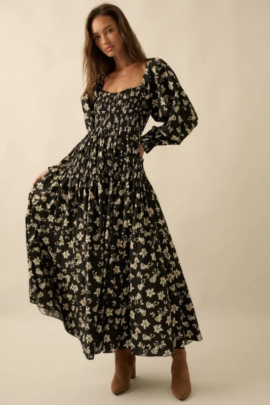 Lost Blossoms Smocked Floral Midi Peasant Dress sold by Promesa