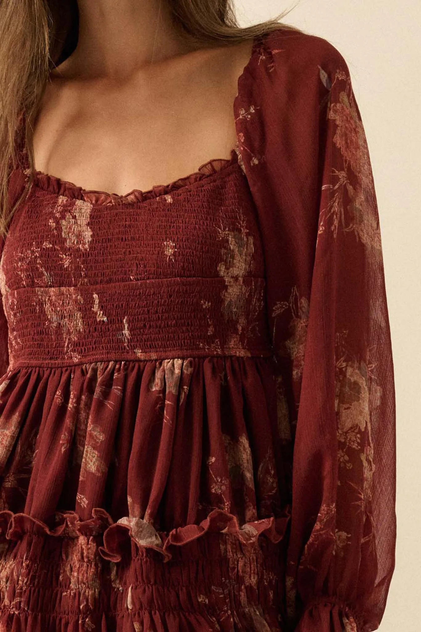 Delicate Blossoms Smocked Floral Chiffon Midi Dress sold by Promesa product image thumbnail 5