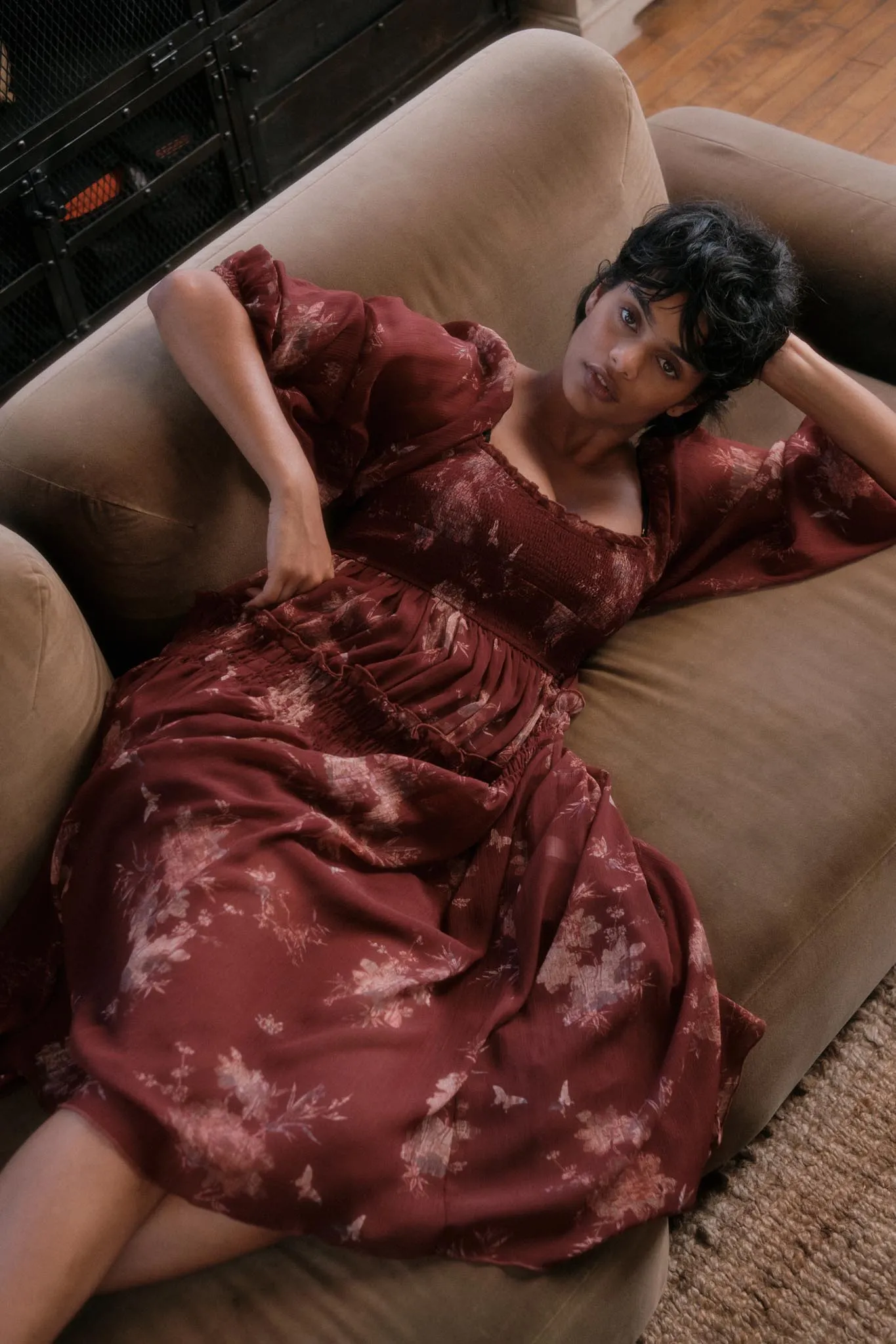 Delicate Blossoms Smocked Floral Chiffon Midi Dress sold by Promesa