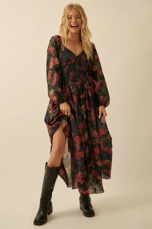 Refined Roses Smocked Floral Maxi Peasant Dress sold by Promesa