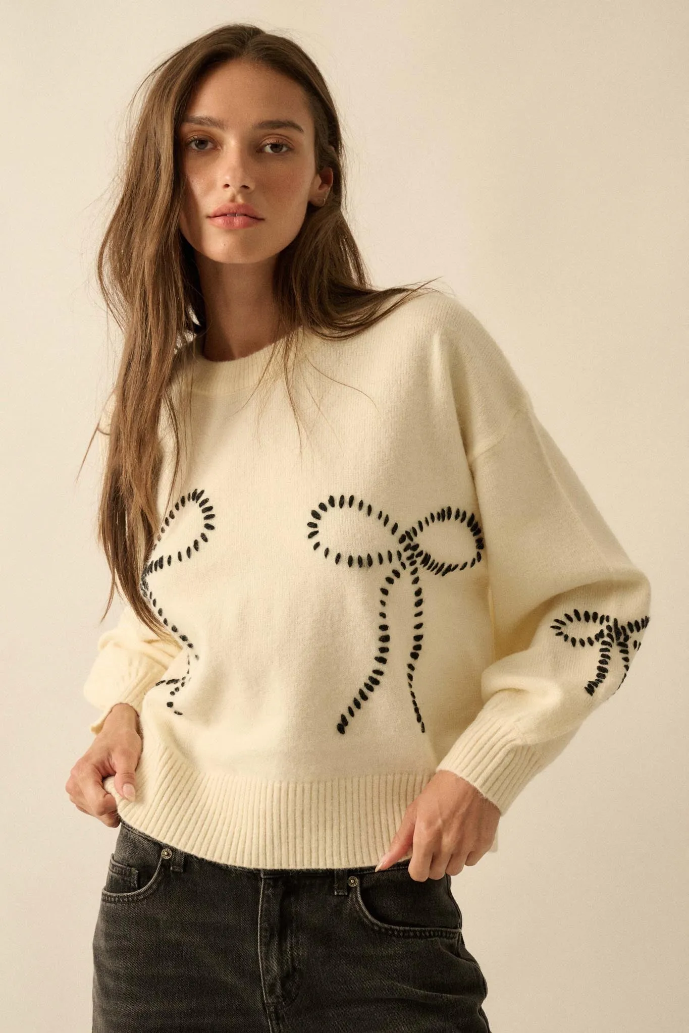 Promise Me Bow-Embroidered Balloon-Sleeve Sweater sold by Promesa product image thumbnail 4