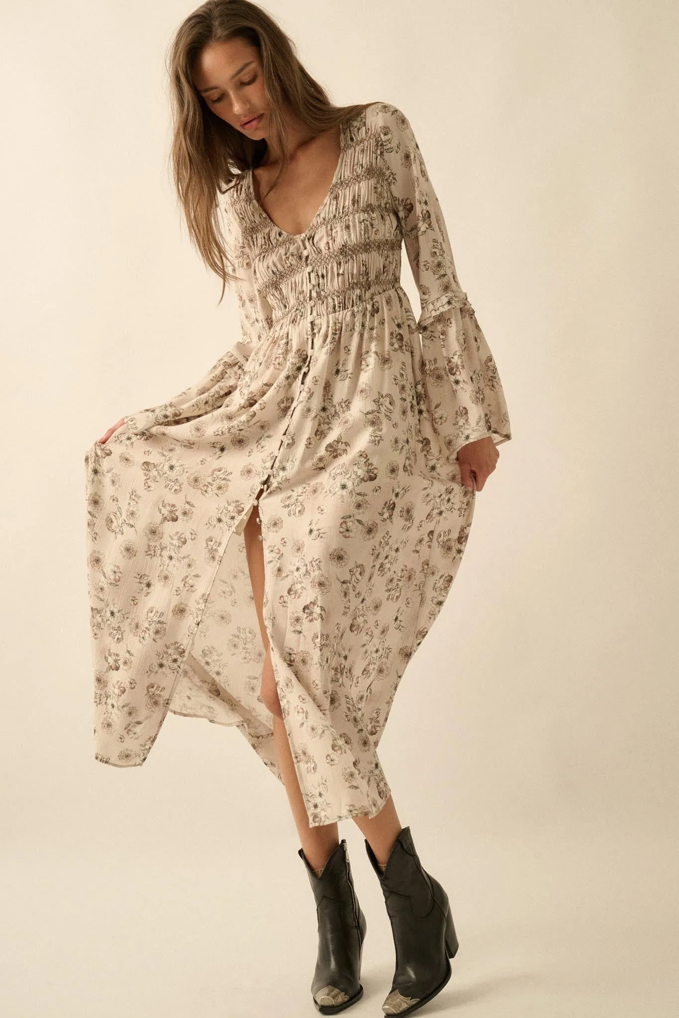 Forever in Bloom Floral Bell-Sleeve Midi Dress sold by Promesa