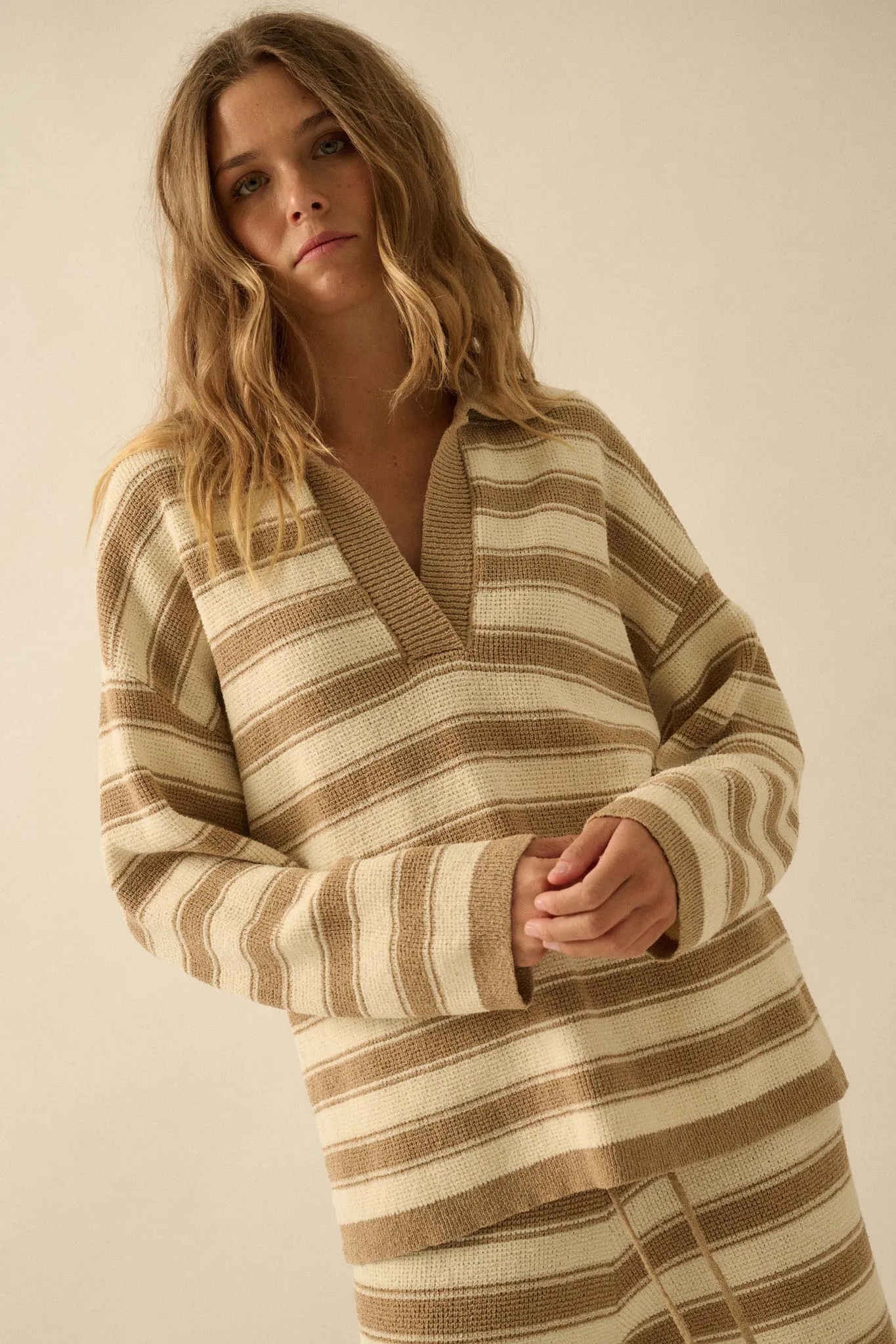 Stripe Out Striped Split-Neck Collared Sweater sold by Promesa