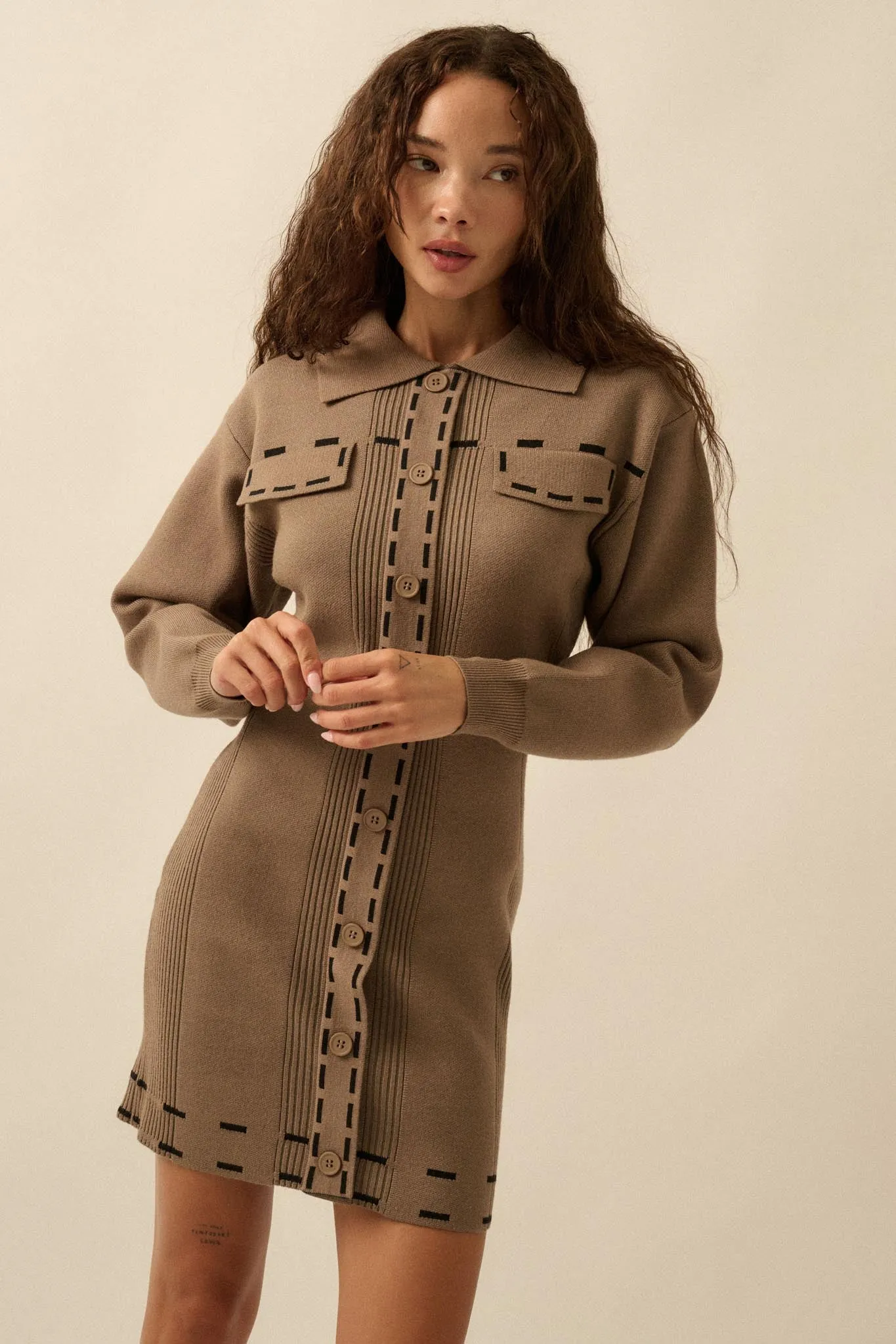 Stitch Perfect Collared Mini Sweater Shirt Dress sold by Promesa product image thumbnail 2