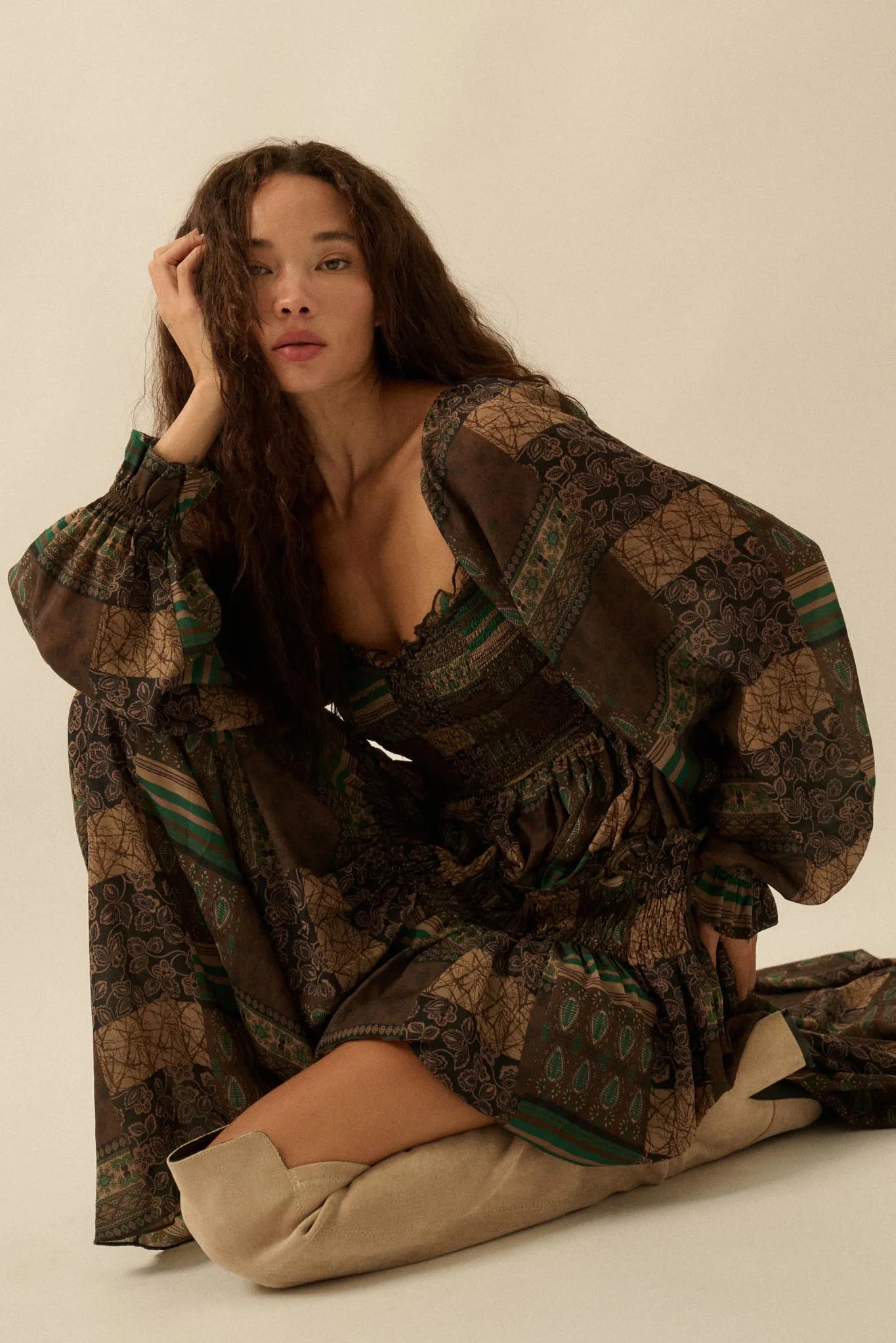Pieces of Me Patchwork-Print Smocked Maxi Dress sold by Promesa product image thumbnail 4