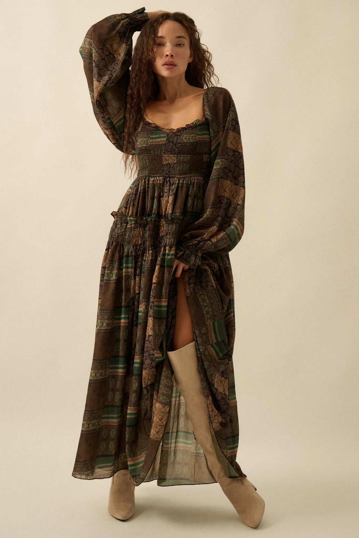 Pieces of Me Patchwork-Print Smocked Maxi Dress sold by Promesa product image thumbnail 5
