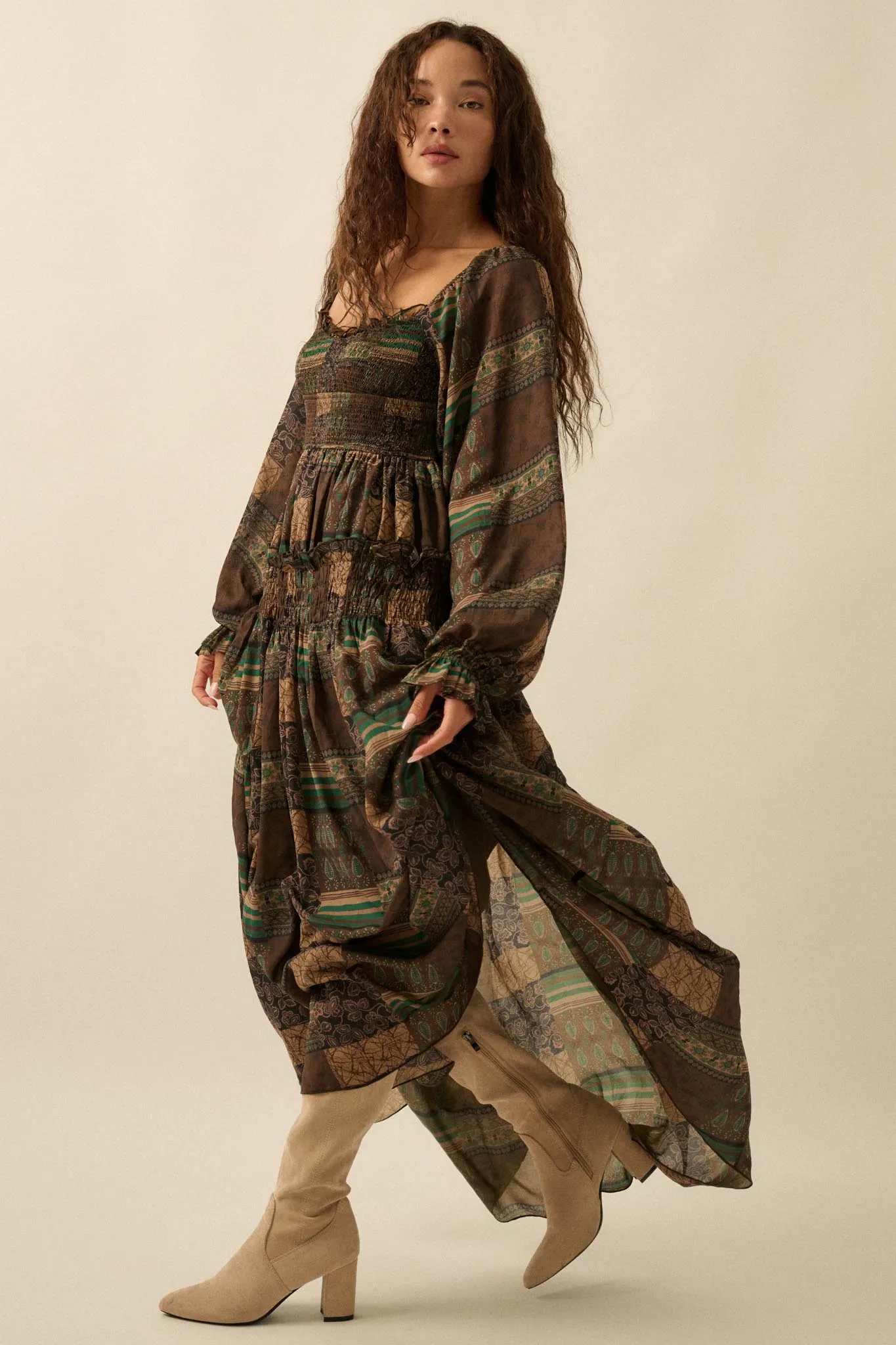 Pieces of Me Patchwork-Print Smocked Maxi Dress sold by Promesa