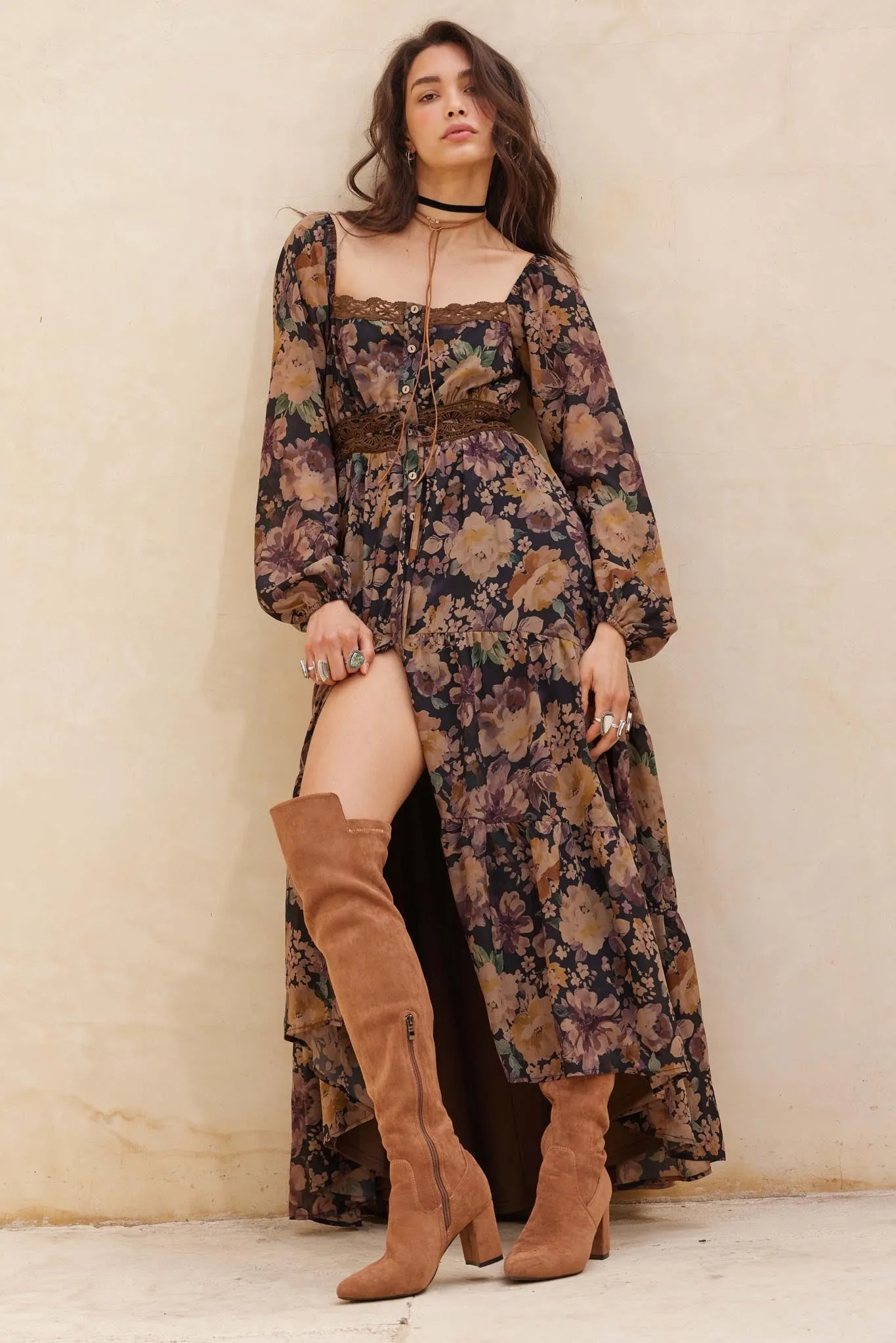 Misty Meadow Floral Button-Up Maxi Prairie Dress sold by Promesa