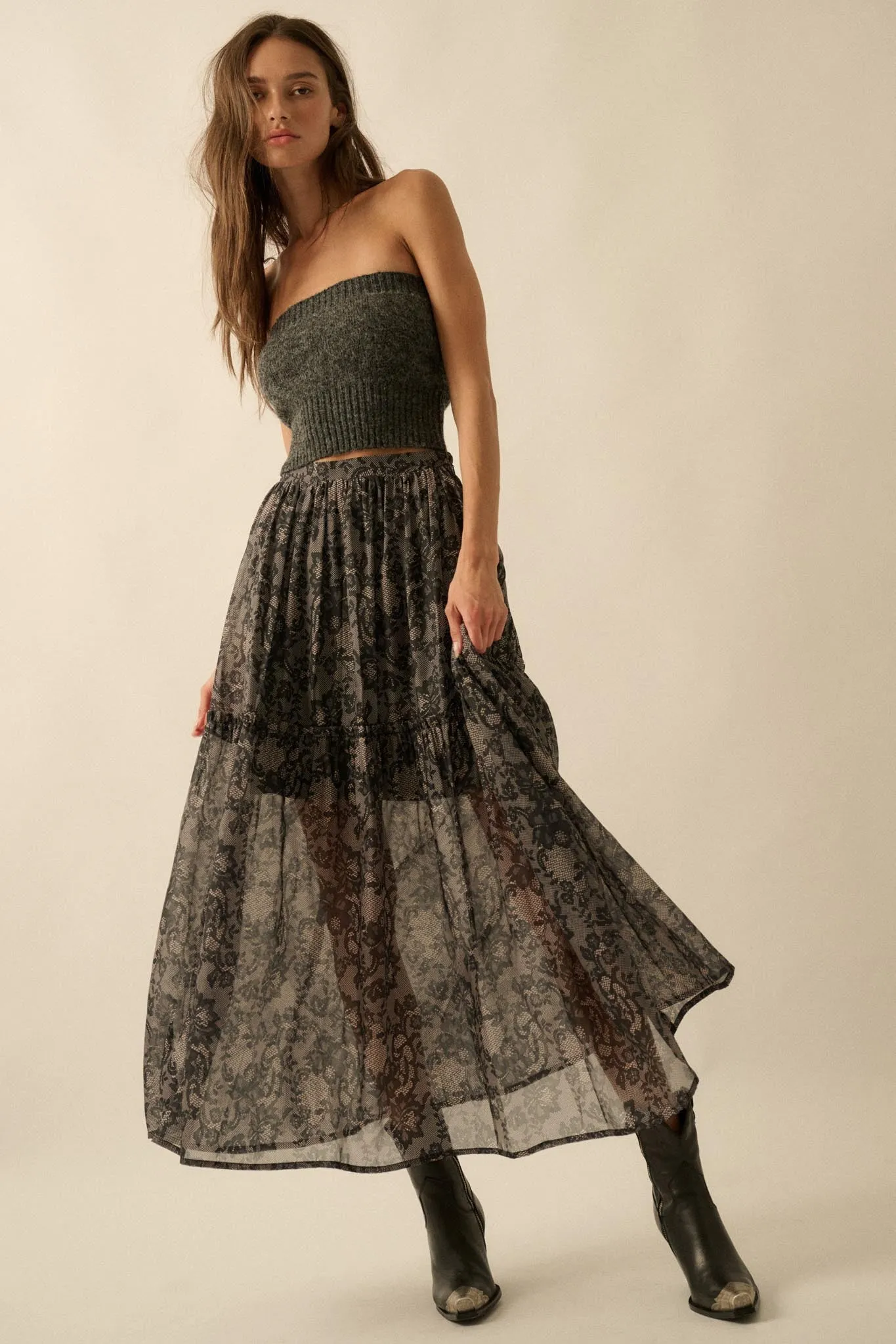 Into the Night Lace-Print Organza Maxi Skirt sold by Promesa product image thumbnail 4