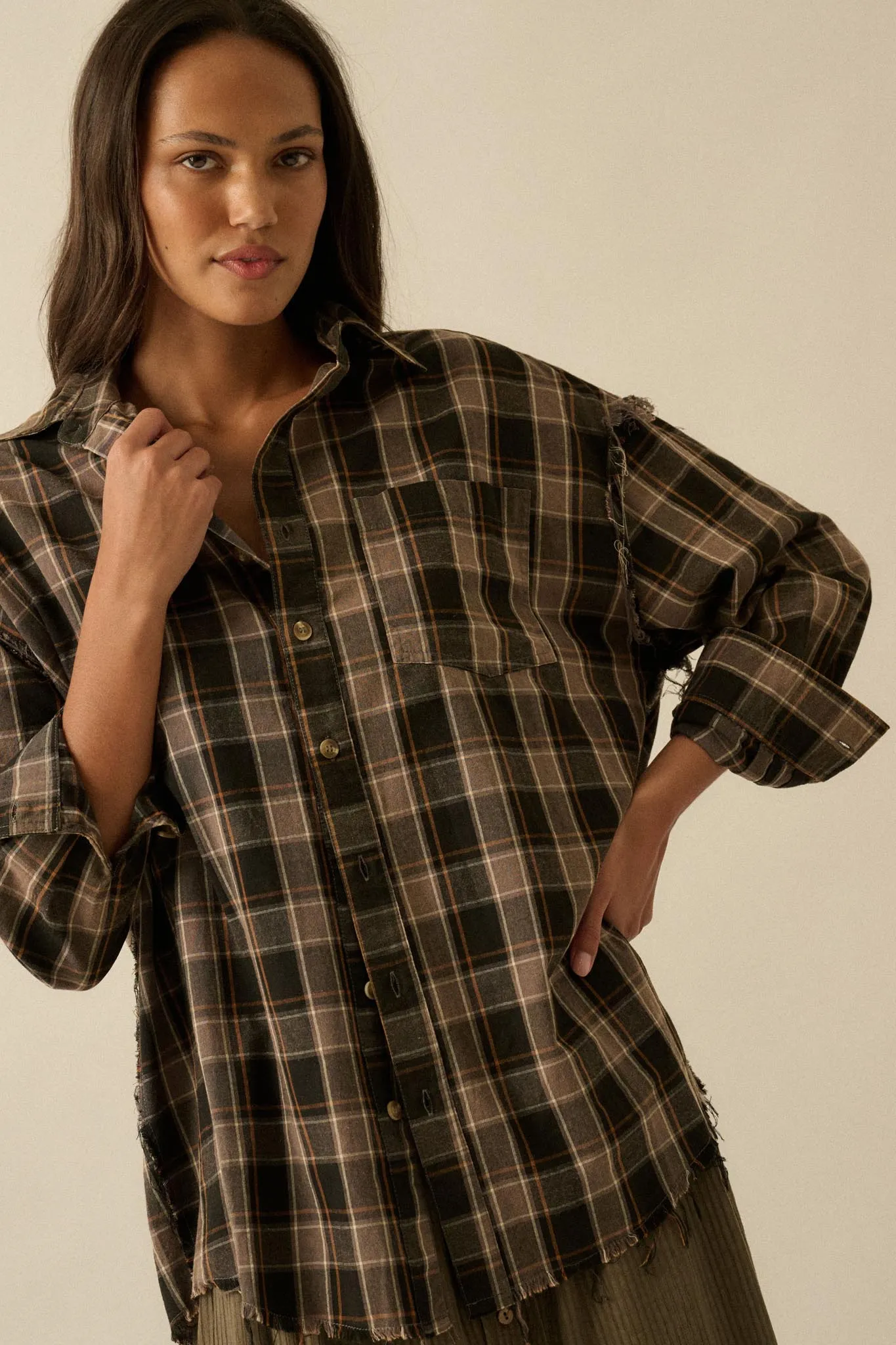 Tartan Threads Plaid Raw-Edge Button-Up Shirt sold by Promesa