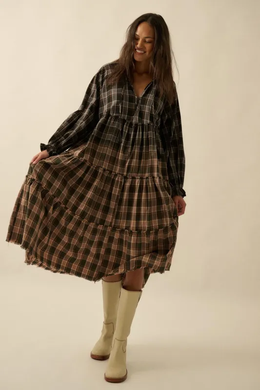 Truly Tartan Tiered Plaid Midi Prairie Dress sold by Promesa