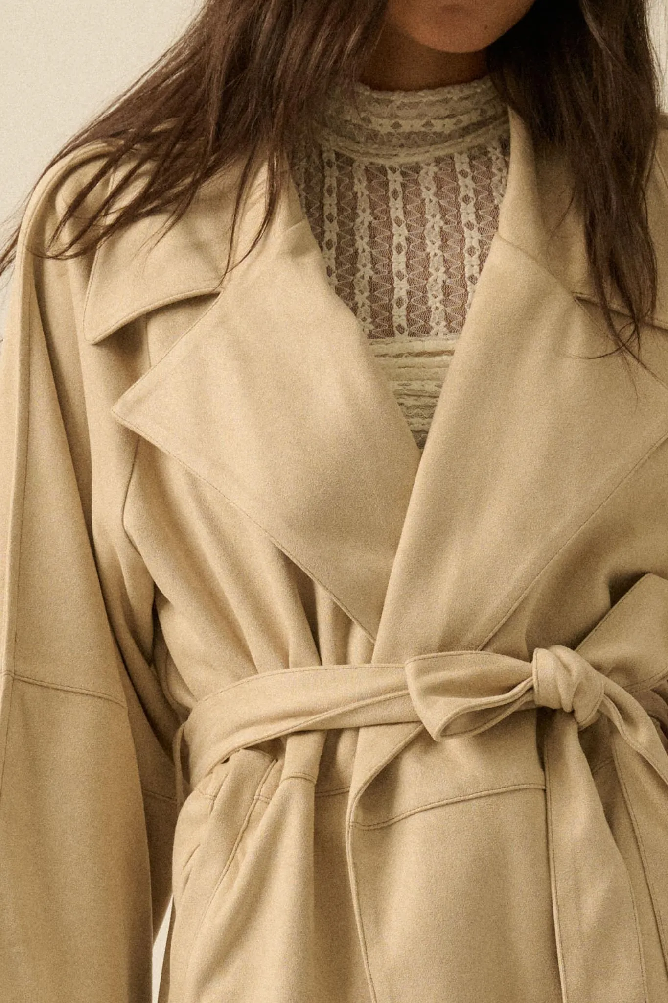 City Life Vegan Suede Belted Cropped Trench Coat sold by Promesa product image thumbnail 4