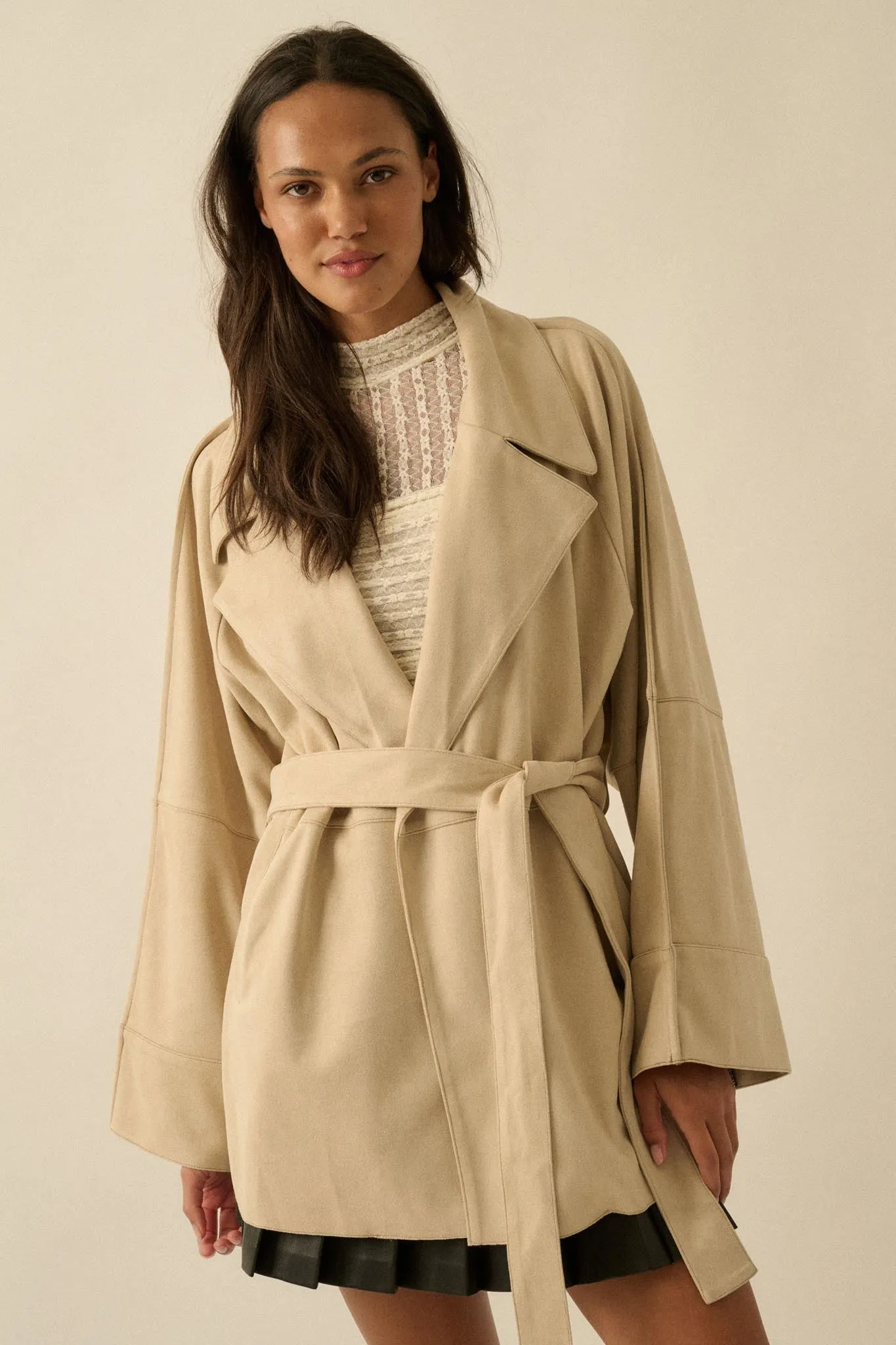 City Life Vegan Suede Belted Cropped Trench Coat sold by Promesa product image thumbnail 5
