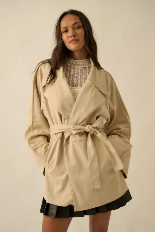 City Life Vegan Suede Belted Cropped Trench Coat sold by Promesa