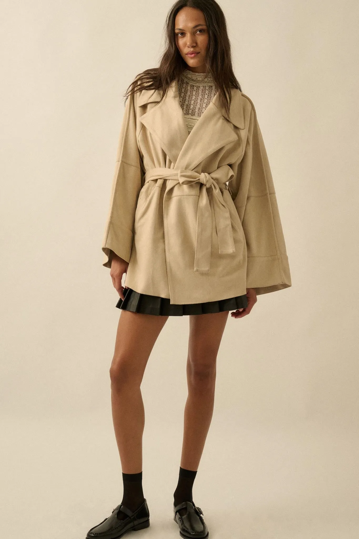 City Life Vegan Suede Belted Cropped Trench Coat sold by Promesa product image thumbnail 3
