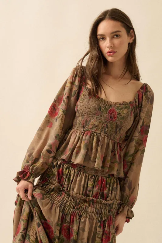Roaming Blooms Smocked Floral Ruffle Peasant Top sold by Promesa