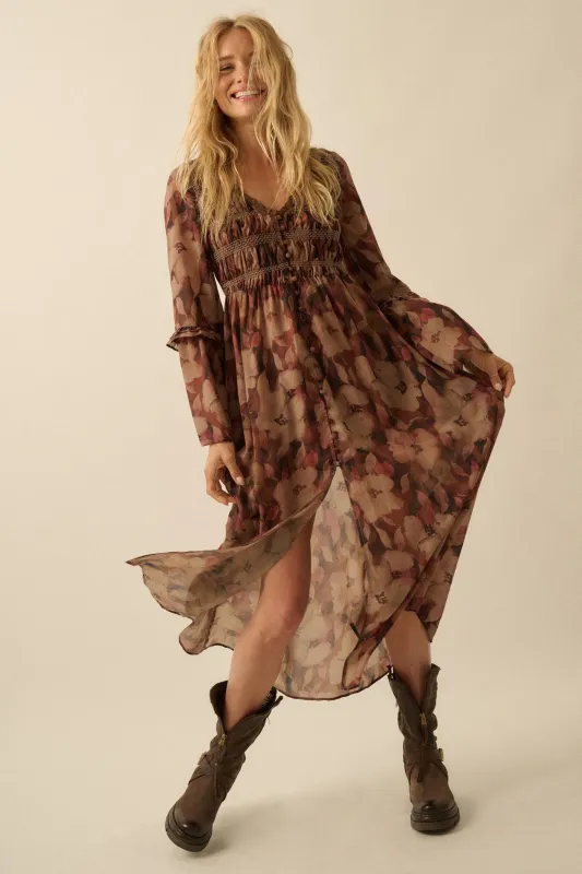 Russet Blossoms Floral Bell-Sleeve Midi Dress sold by Promesa