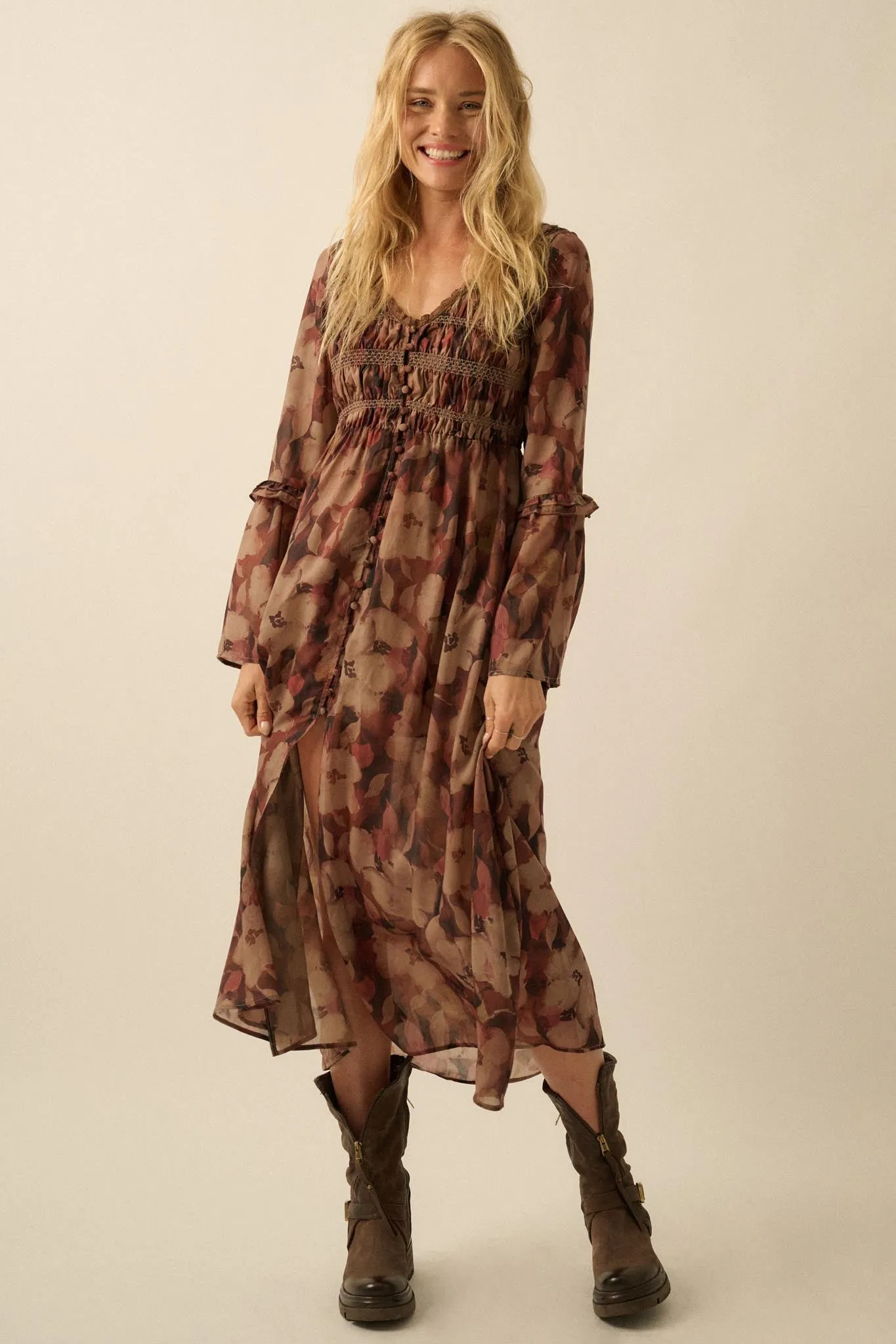 Russet Blossoms Floral Bell-Sleeve Midi Dress sold by Promesa product image thumbnail 3