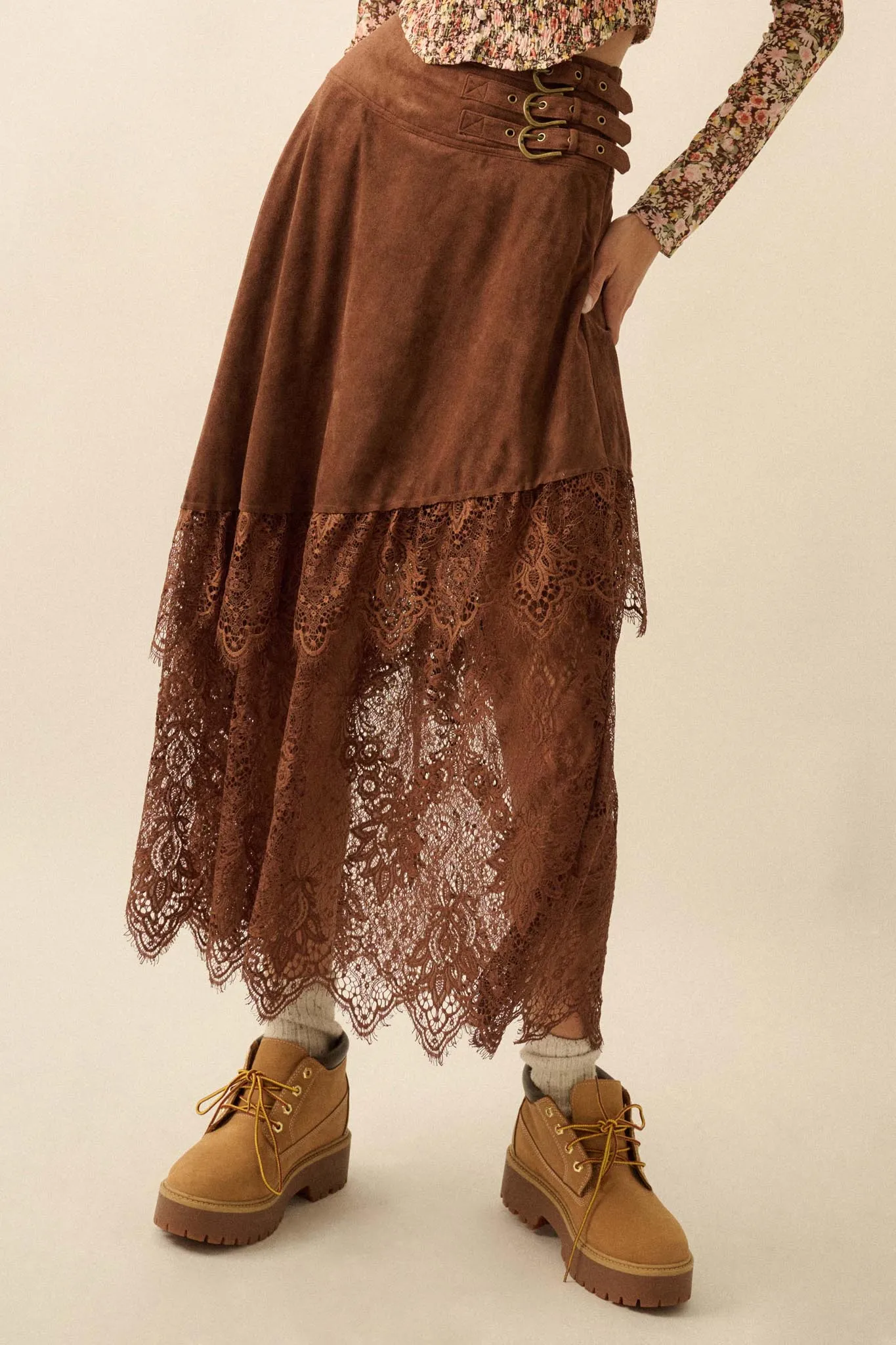 Angelic Touch Vegan Suede and Lace Maxi Skirt sold by Promesa product image thumbnail 5