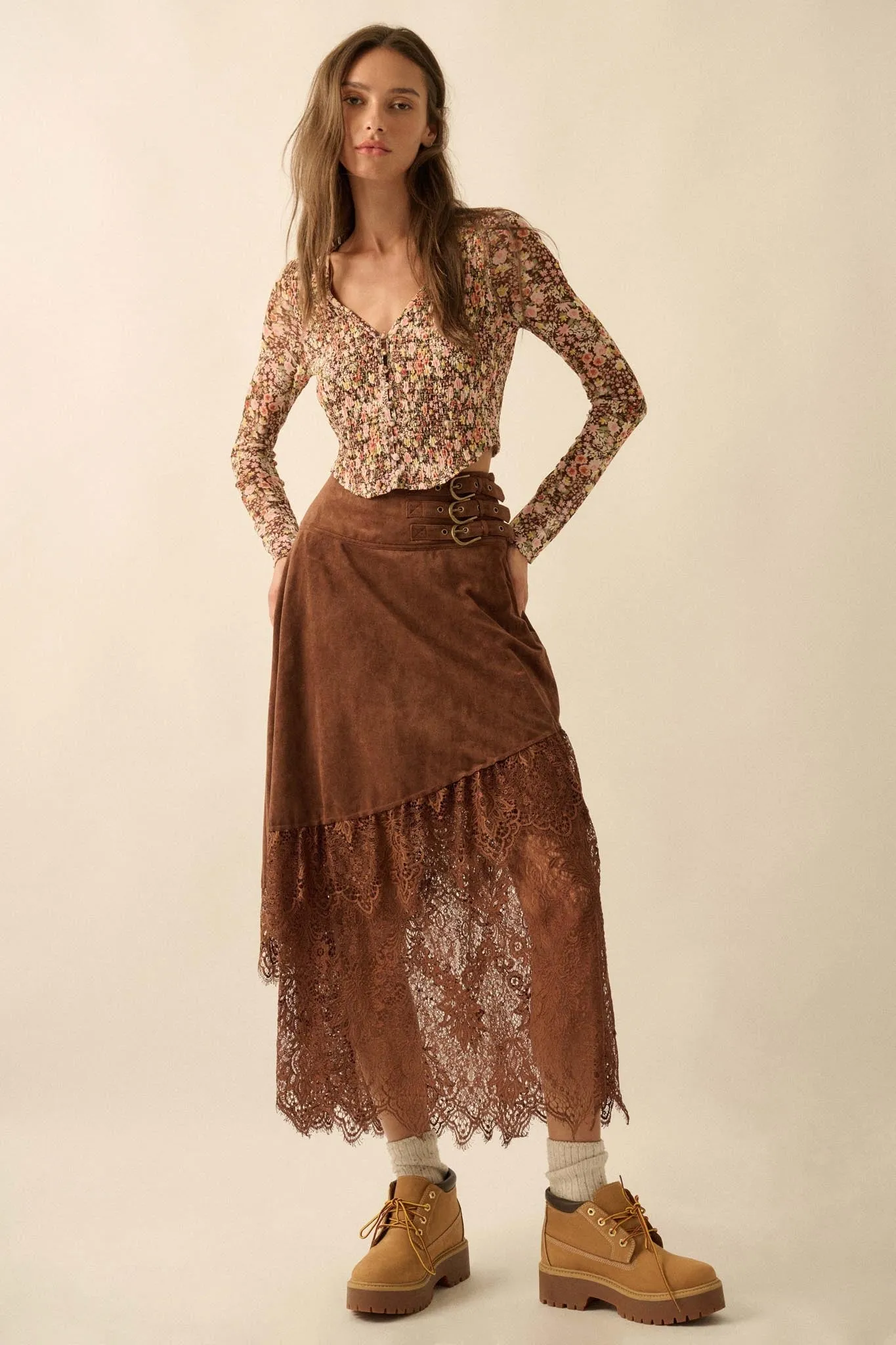 Angelic Touch Vegan Suede and Lace Maxi Skirt sold by Promesa product image thumbnail 4