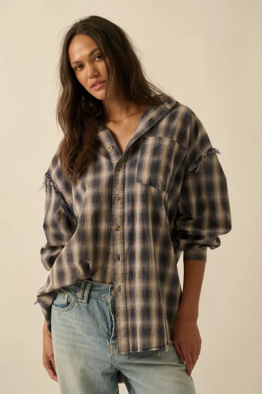 Lost and Found Plaid Raw-Edge Button-Up Shirt sold by Promesa