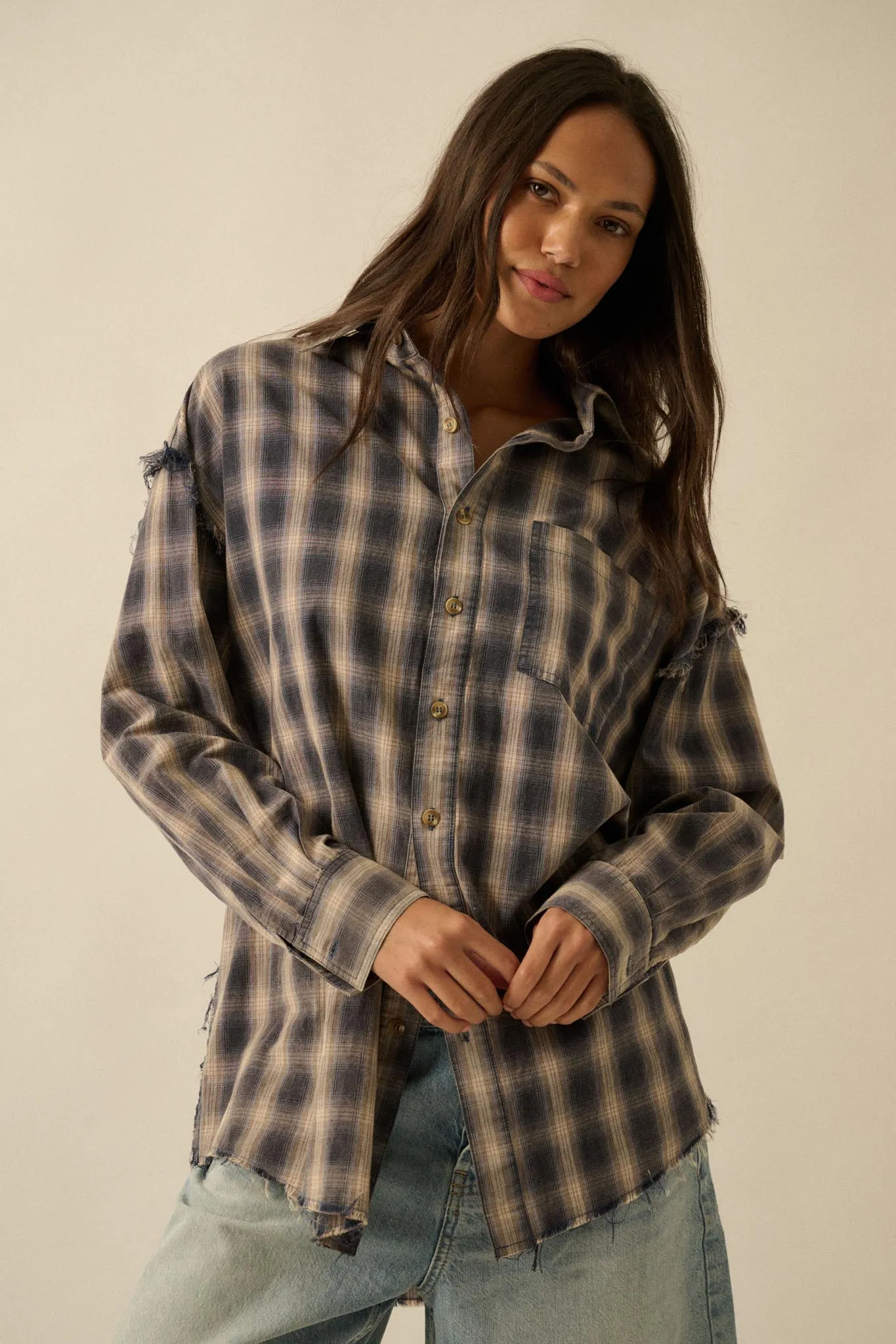 Lost and Found Plaid Raw-Edge Button-Up Shirt sold by Promesa product image thumbnail 5
