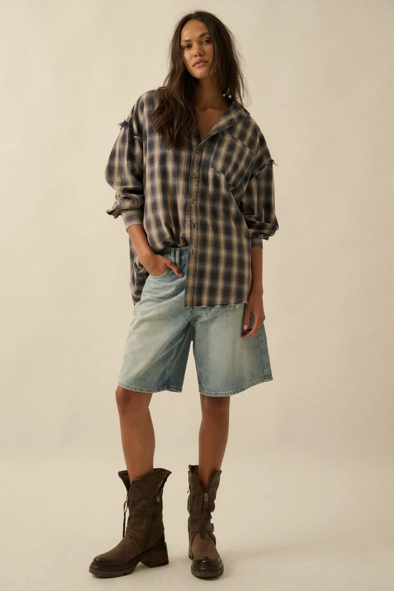 Lost and Found Plaid Raw-Edge Button-Up Shirt sold by Promesa product image thumbnail 3