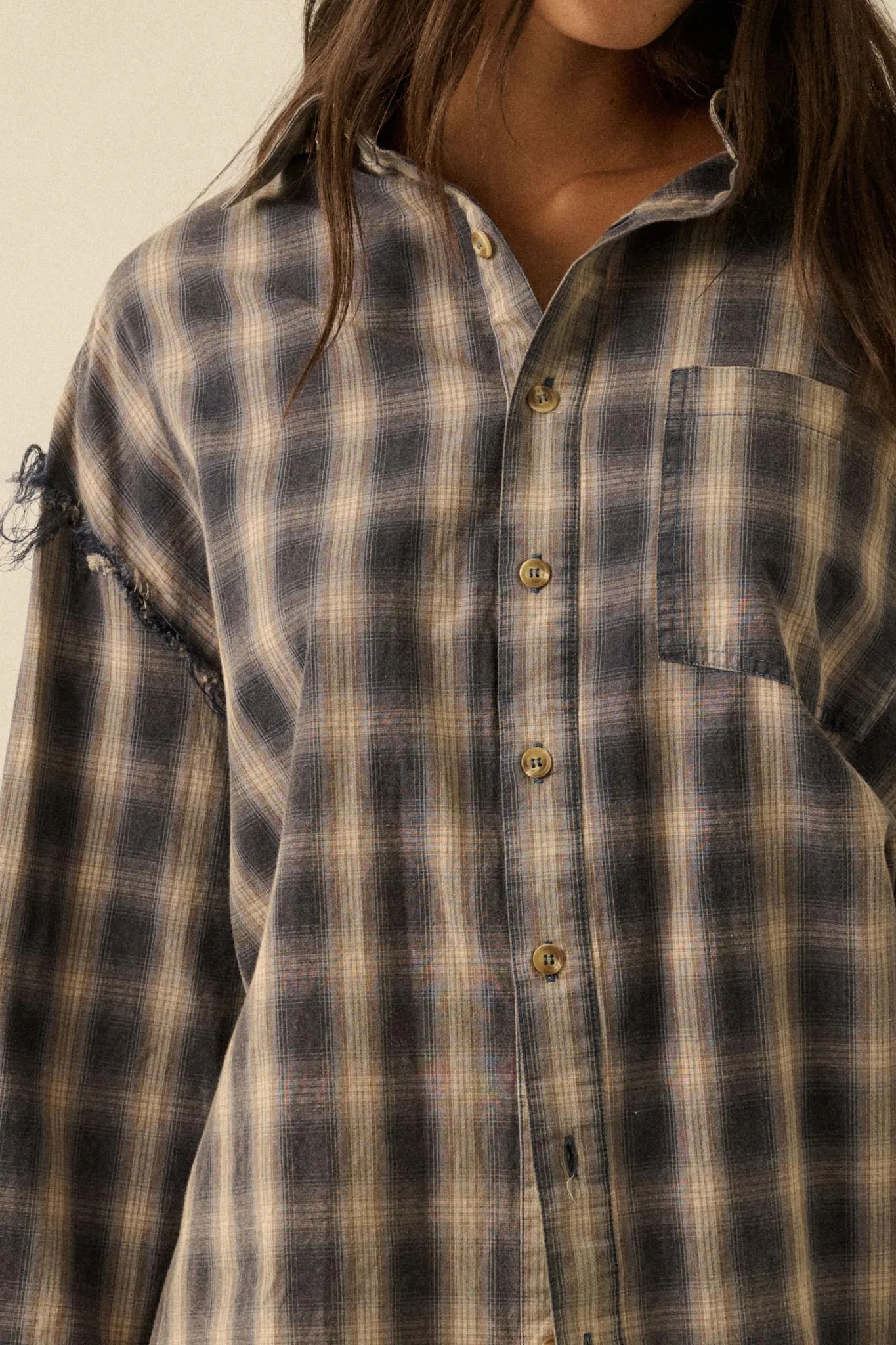 Lost and Found Plaid Raw-Edge Button-Up Shirt sold by Promesa product image thumbnail 4