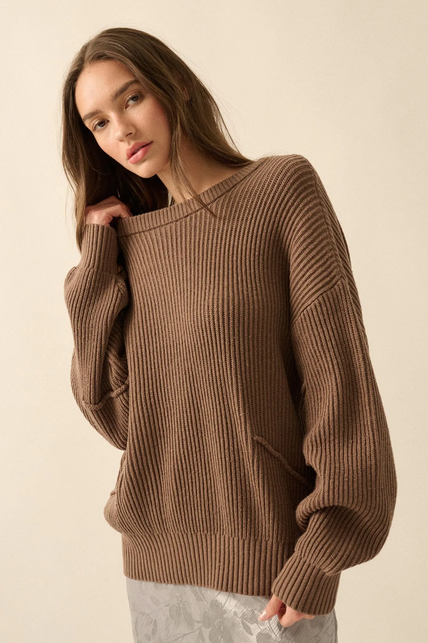Peaceful Mood Ribbed Knit Exposed-Seam Sweater sold by Promesa