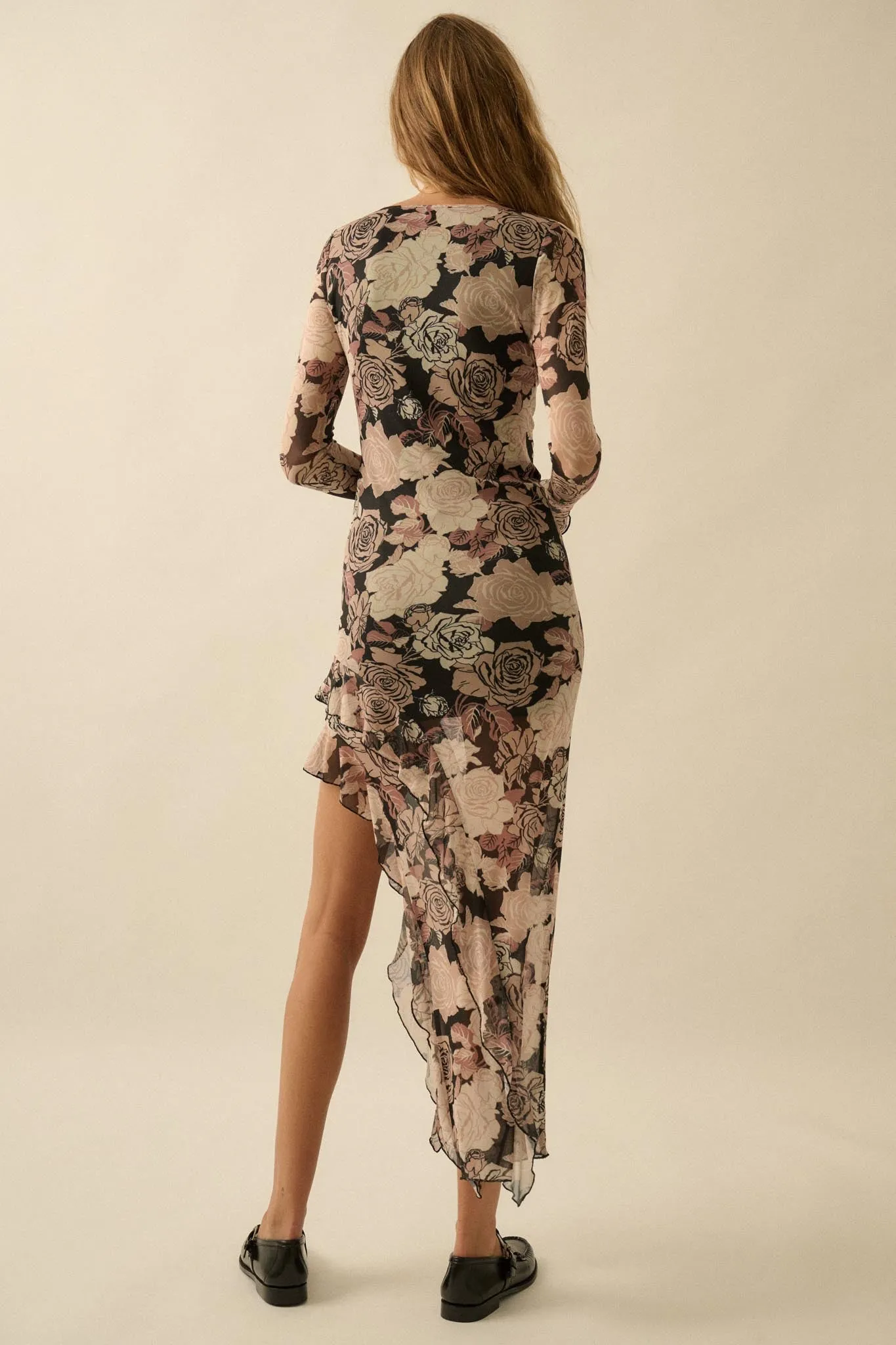 Dusk Roses Floral Mesh Asymmetrical Maxi Dress sold by Promesa product image thumbnail 2