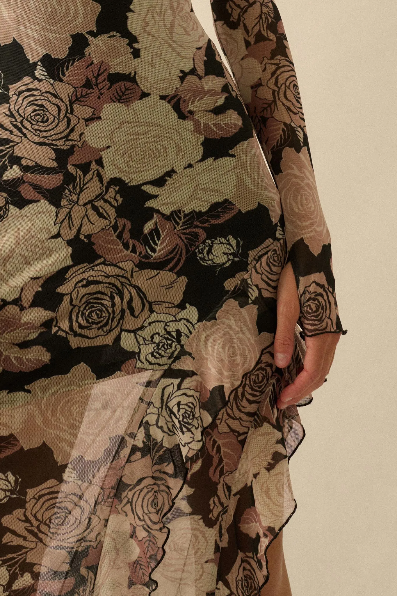 Dusk Roses Floral Mesh Asymmetrical Maxi Dress sold by Promesa product image thumbnail 5